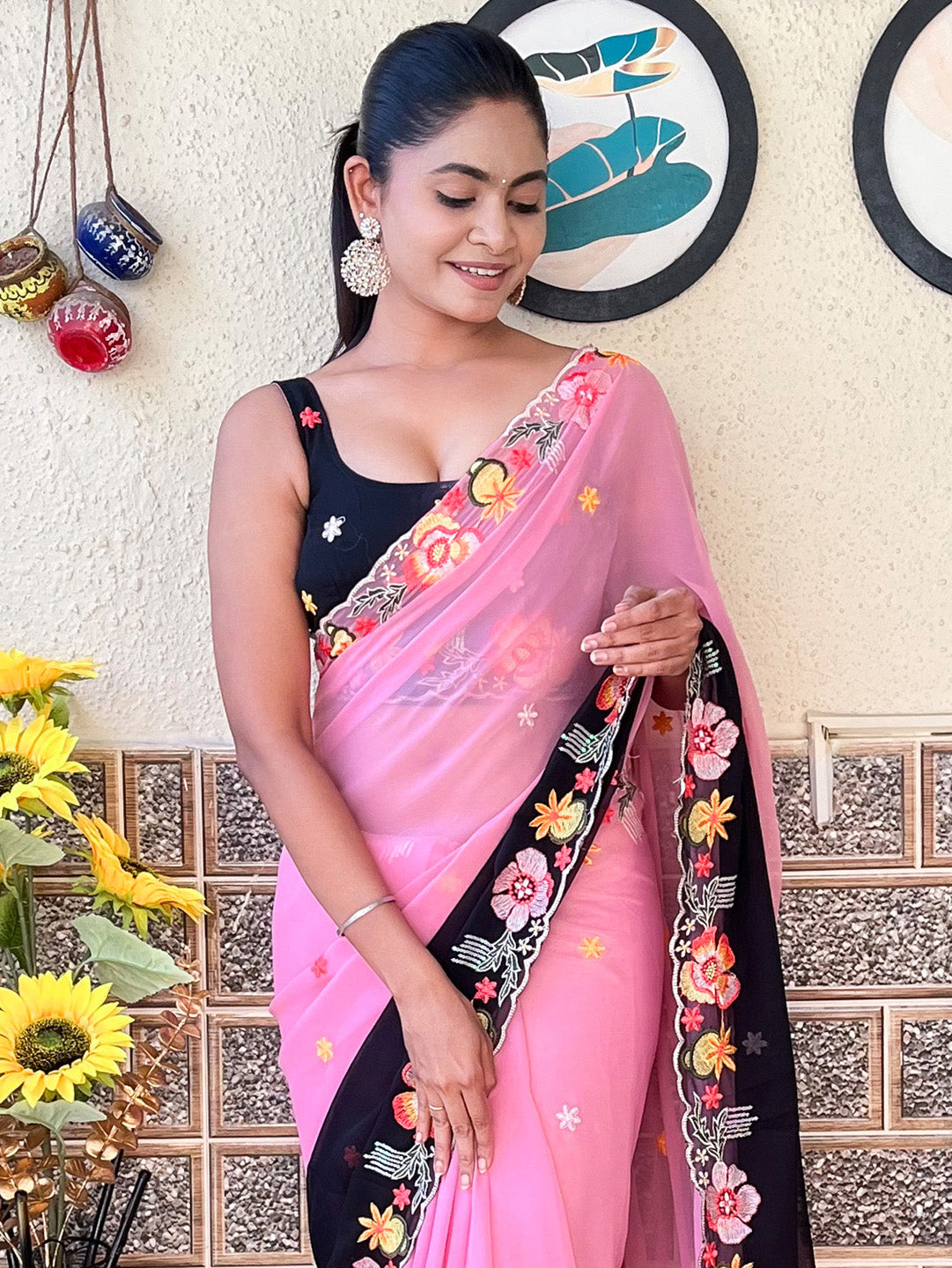 Georgette Pink Embroidered Designer Saree With Blouse