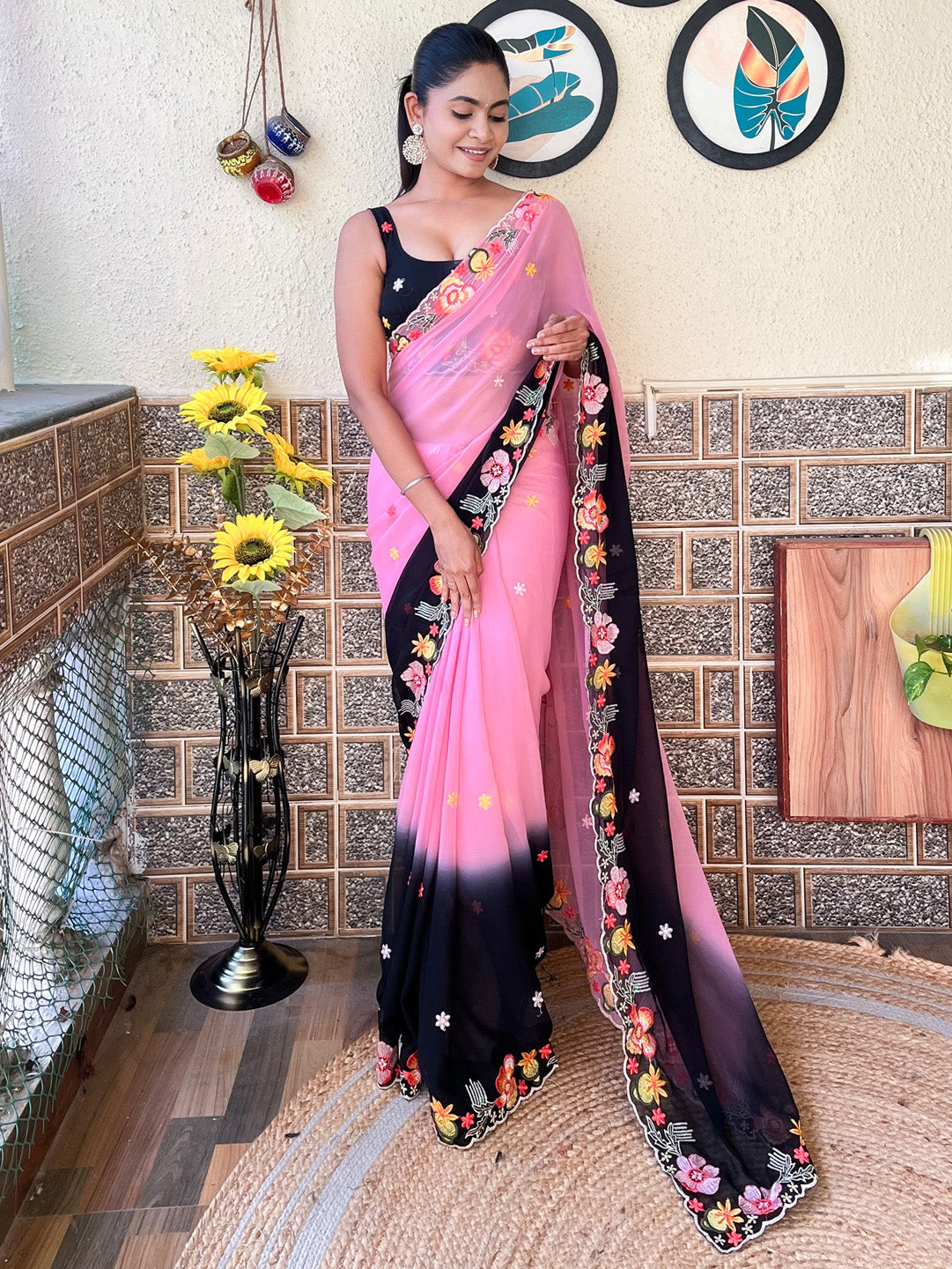 Georgette Pink Embroidered Designer Saree With Blouse