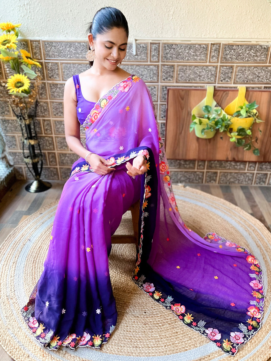 Georgette Purple Embroidered Designer Saree With Blouse