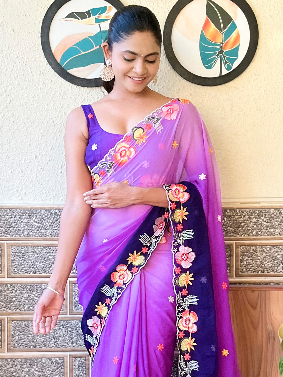 Georgette Purple Embroidered Designer Saree With Blouse