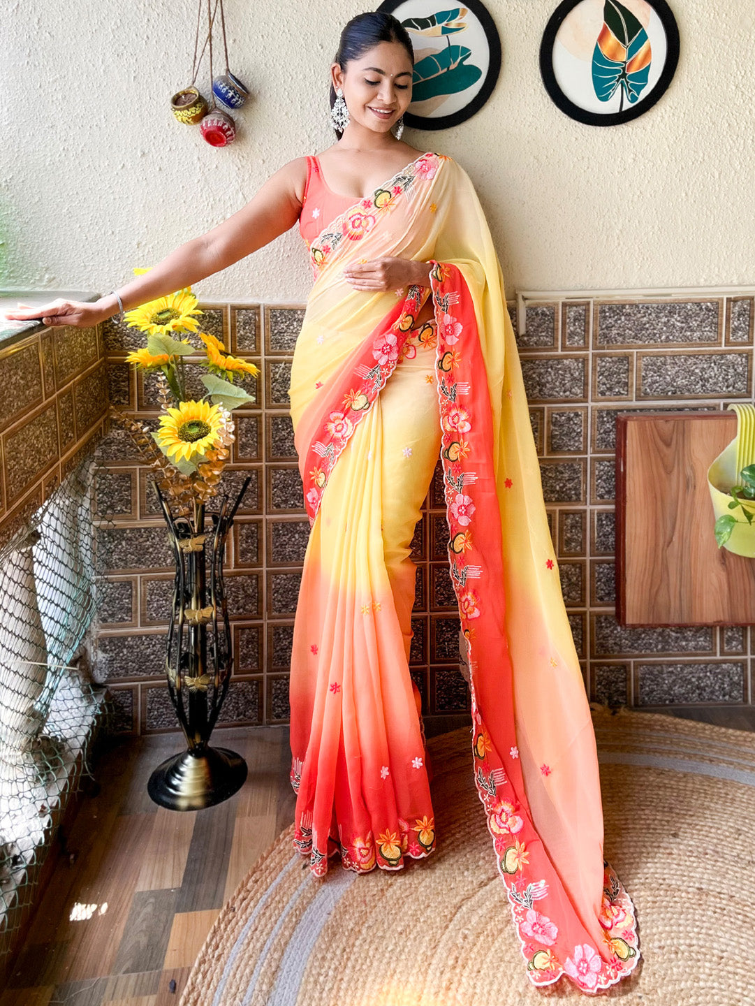 Georgette Yellow Embroidered Designer Saree With Blouse