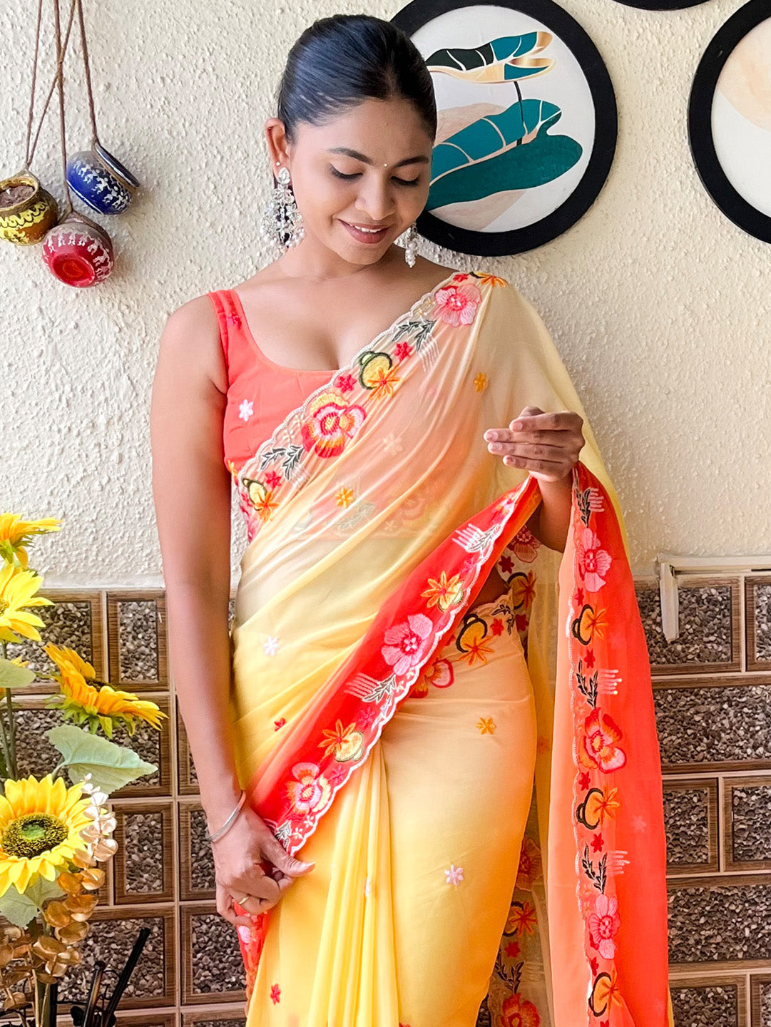 Georgette Yellow Embroidered Designer Saree With Blouse