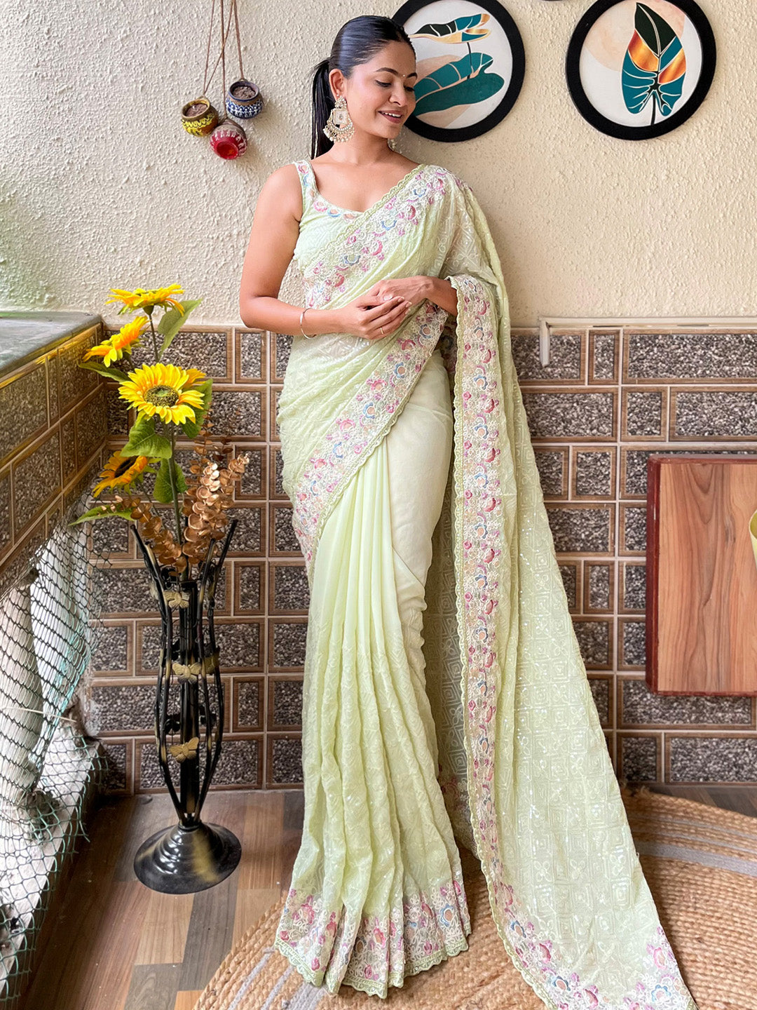 Georgette Light Green Embellished Designer Saree With Blouse