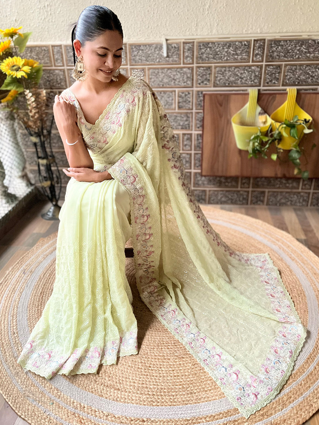 Georgette Light Green Embellished Designer Saree With Blouse