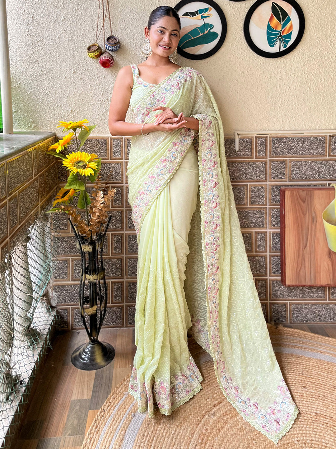 Georgette Light Green Embellished Designer Saree With Blouse