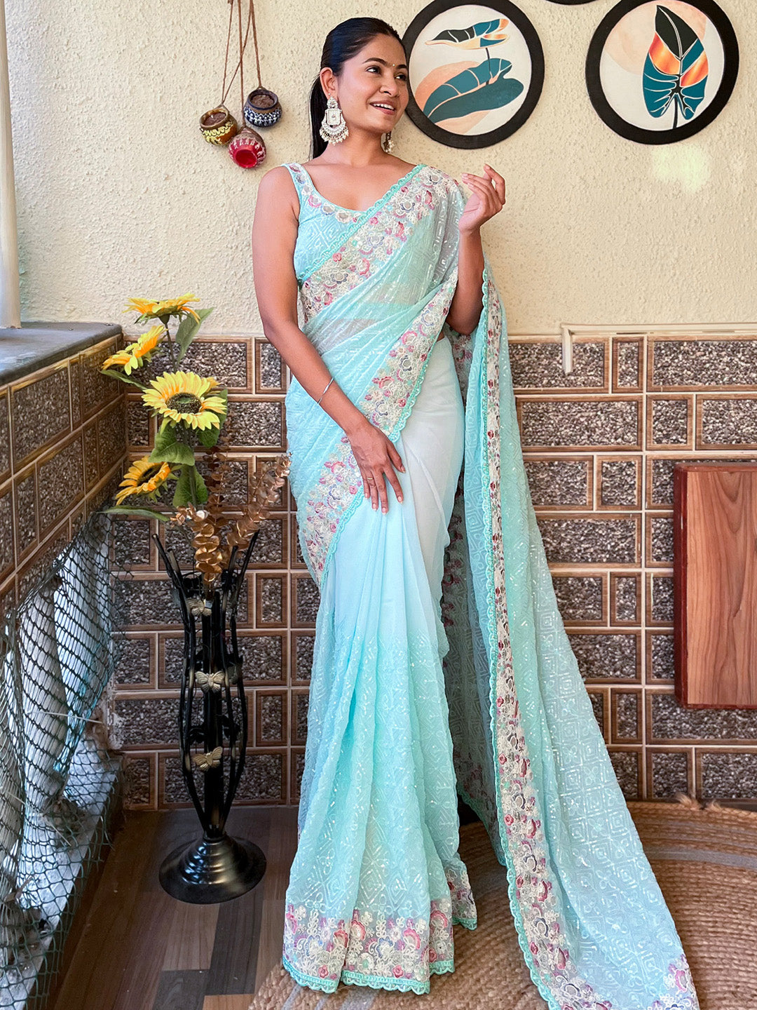 Georgette Light Blue Embellished Designer Saree With Blouse