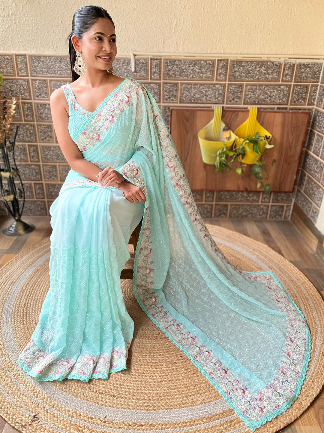 Georgette Light Blue Embellished Designer Saree With Blouse