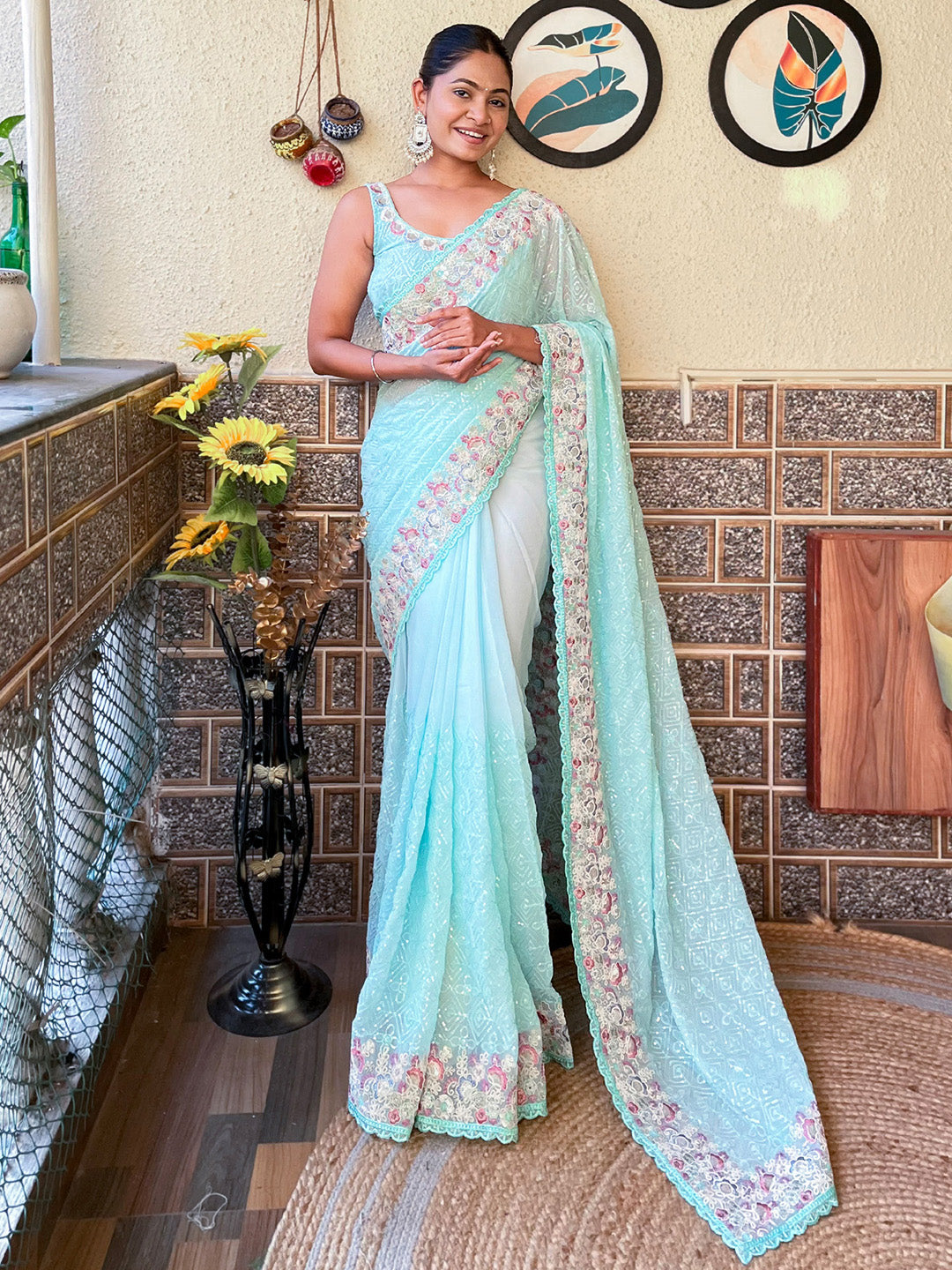 Georgette Light Blue Embellished Designer Saree With Blouse