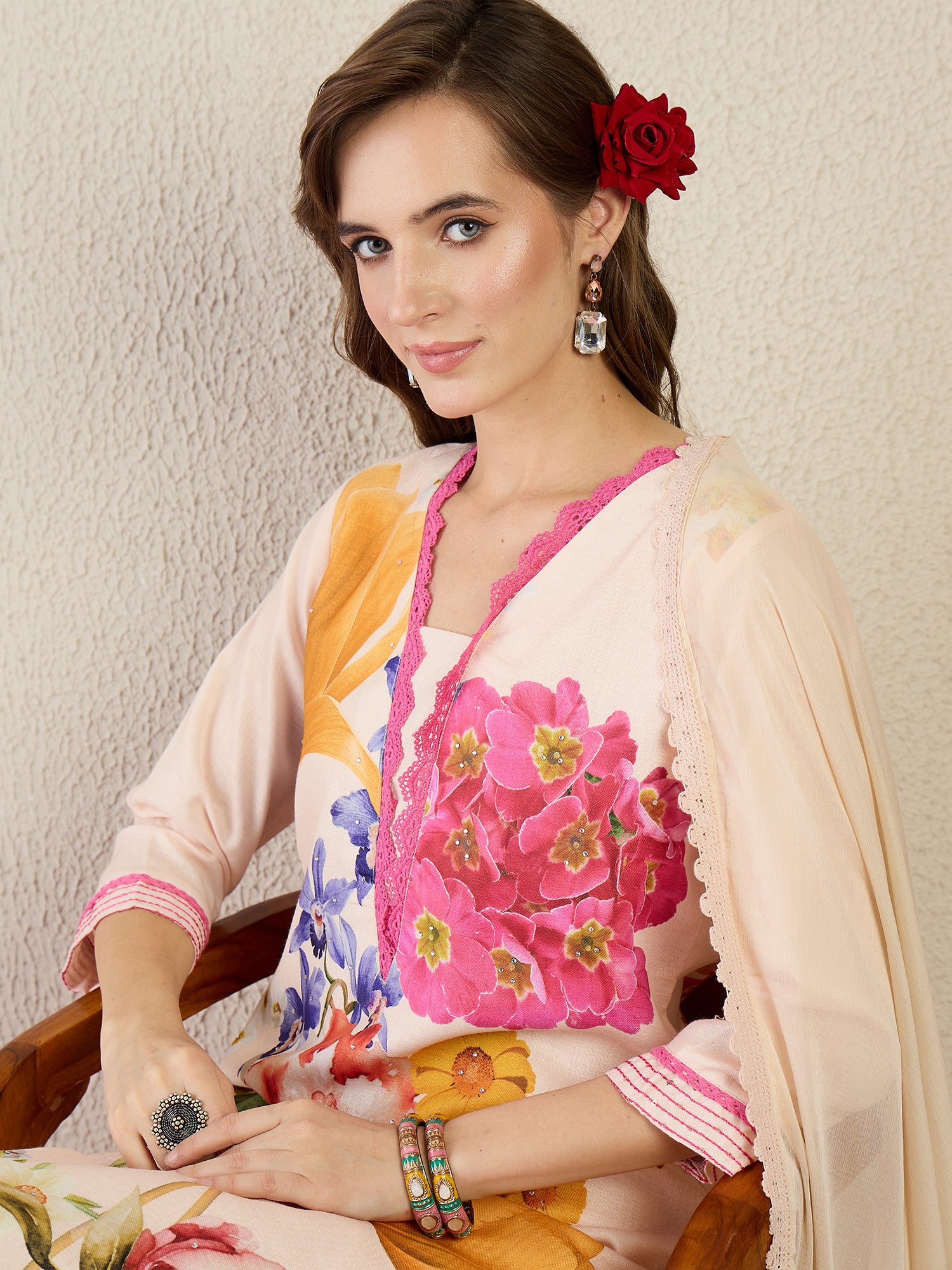 Indo Era Beige Printed Straight Kurta Trousers With Dupatta Set- IE