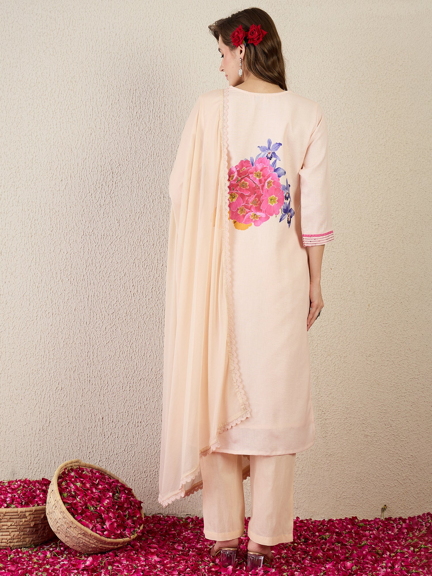 Indo Era Beige Printed Straight Kurta Trousers With Dupatta Set- IE