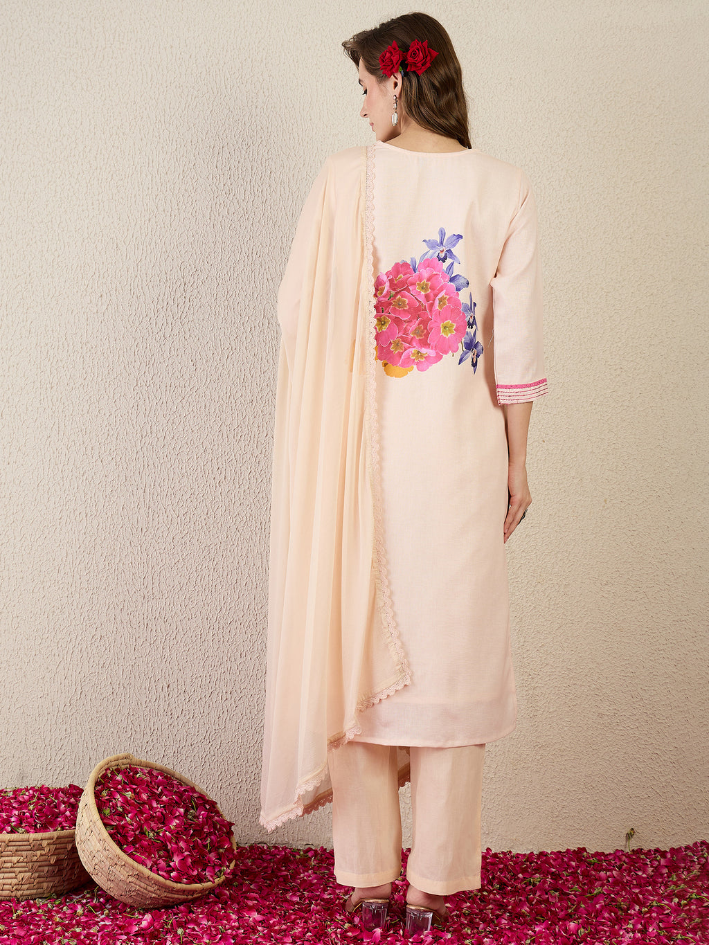 Indo Era Beige Printed Straight Kurta Trousers With Dupatta Set- IE