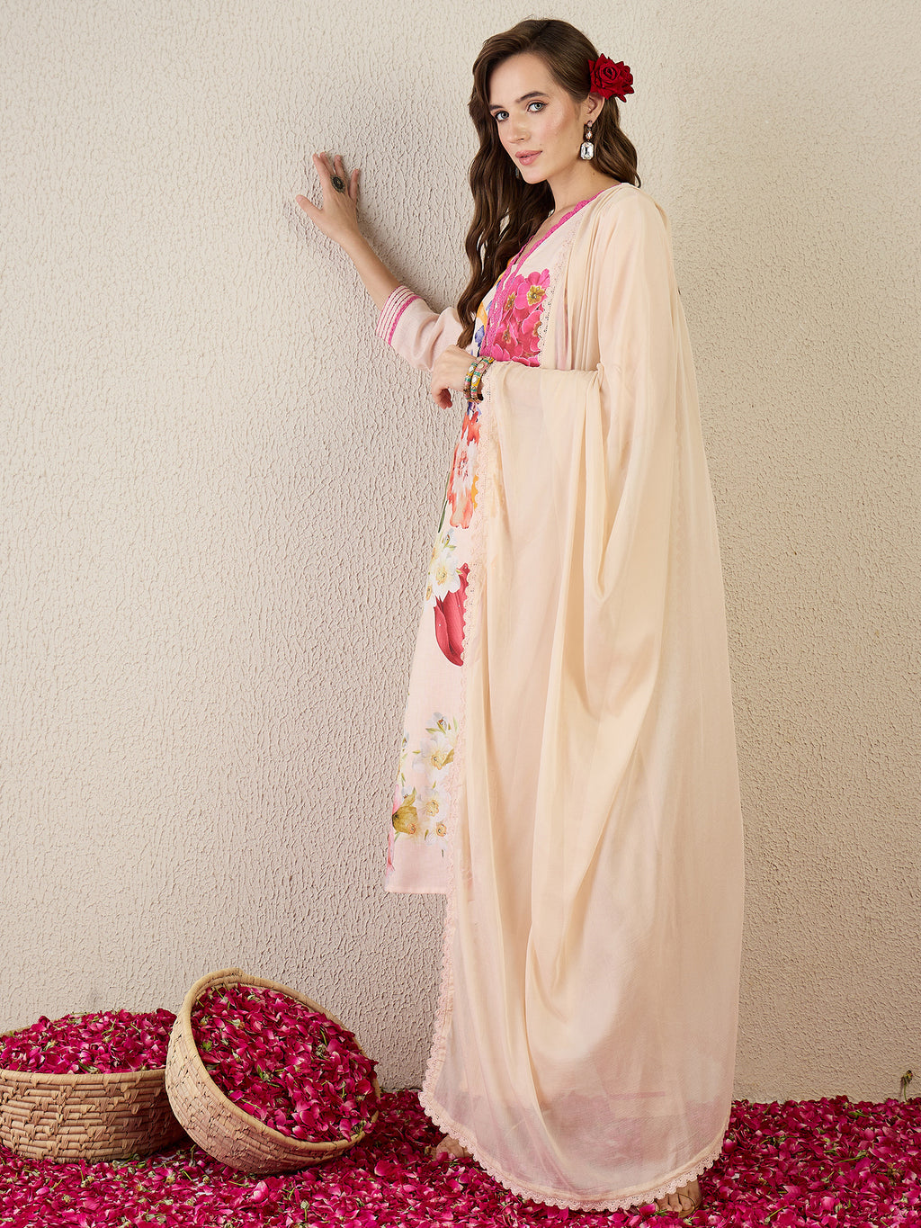 Indo Era Beige Printed Straight Kurta Trousers With Dupatta Set- IE
