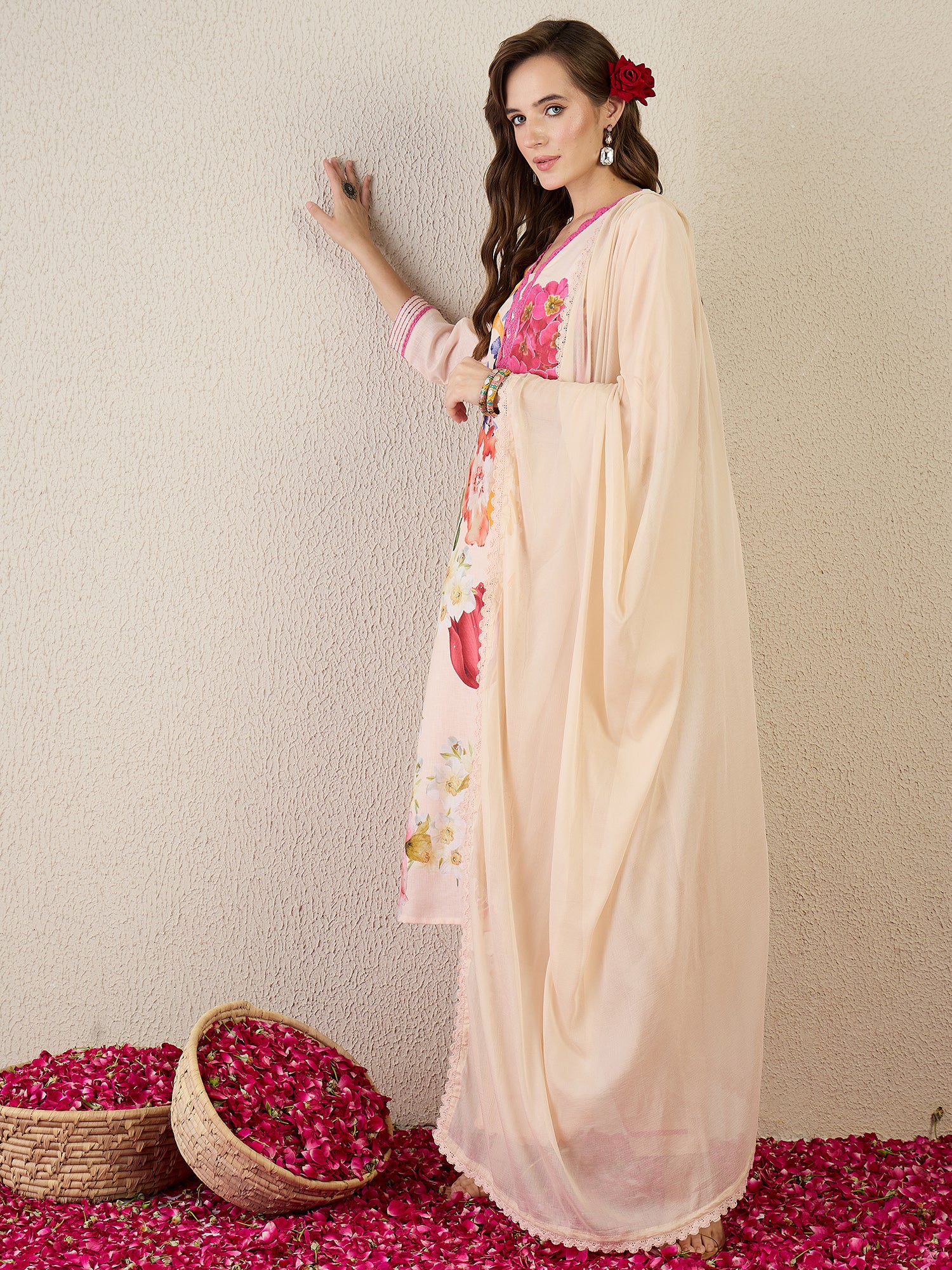 Indo Era Beige Printed Straight Kurta Trousers With Dupatta Set- IE