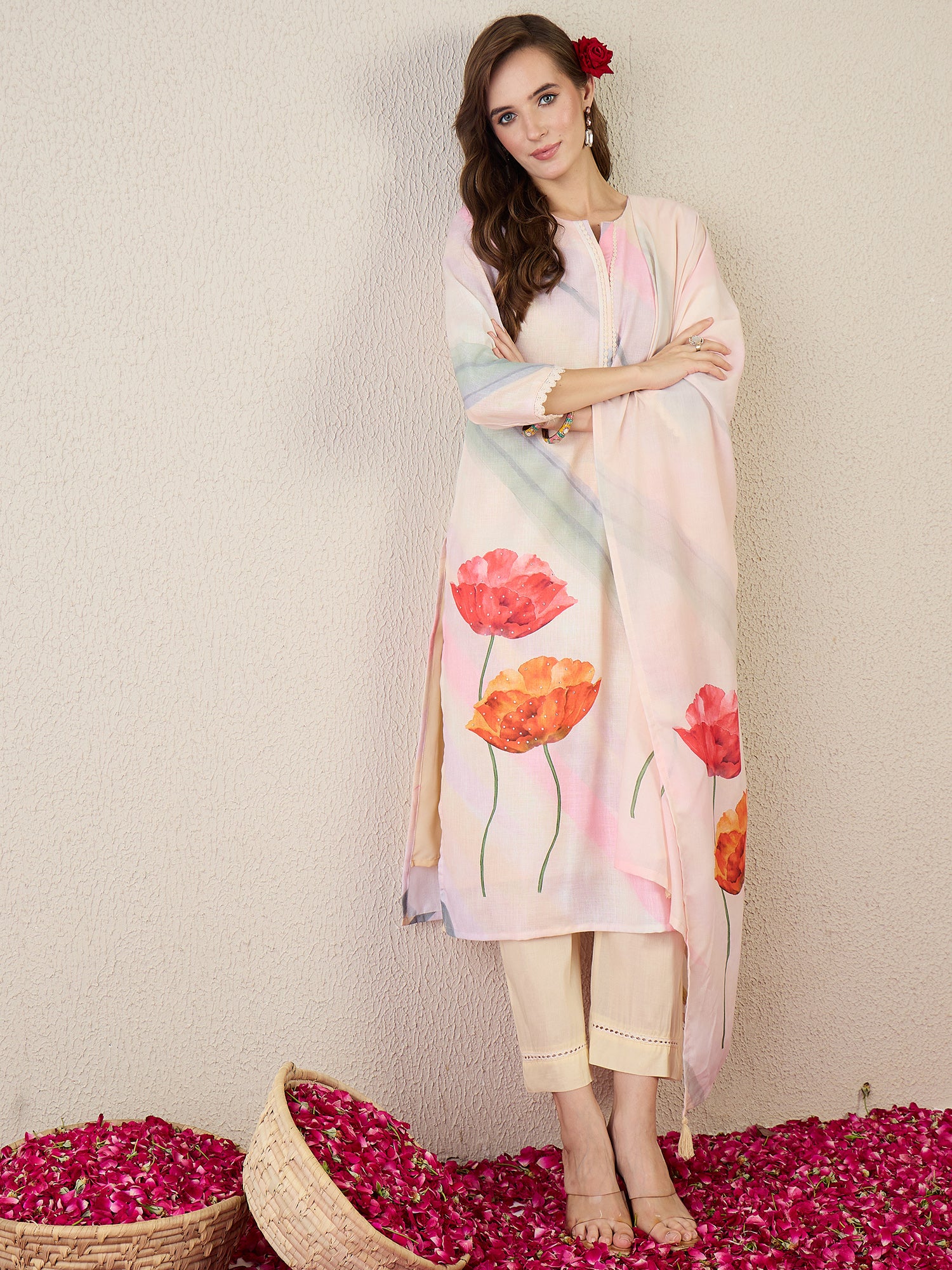 Indo Era Printed Straight Kurta Trousers With Dupatta Set- IE