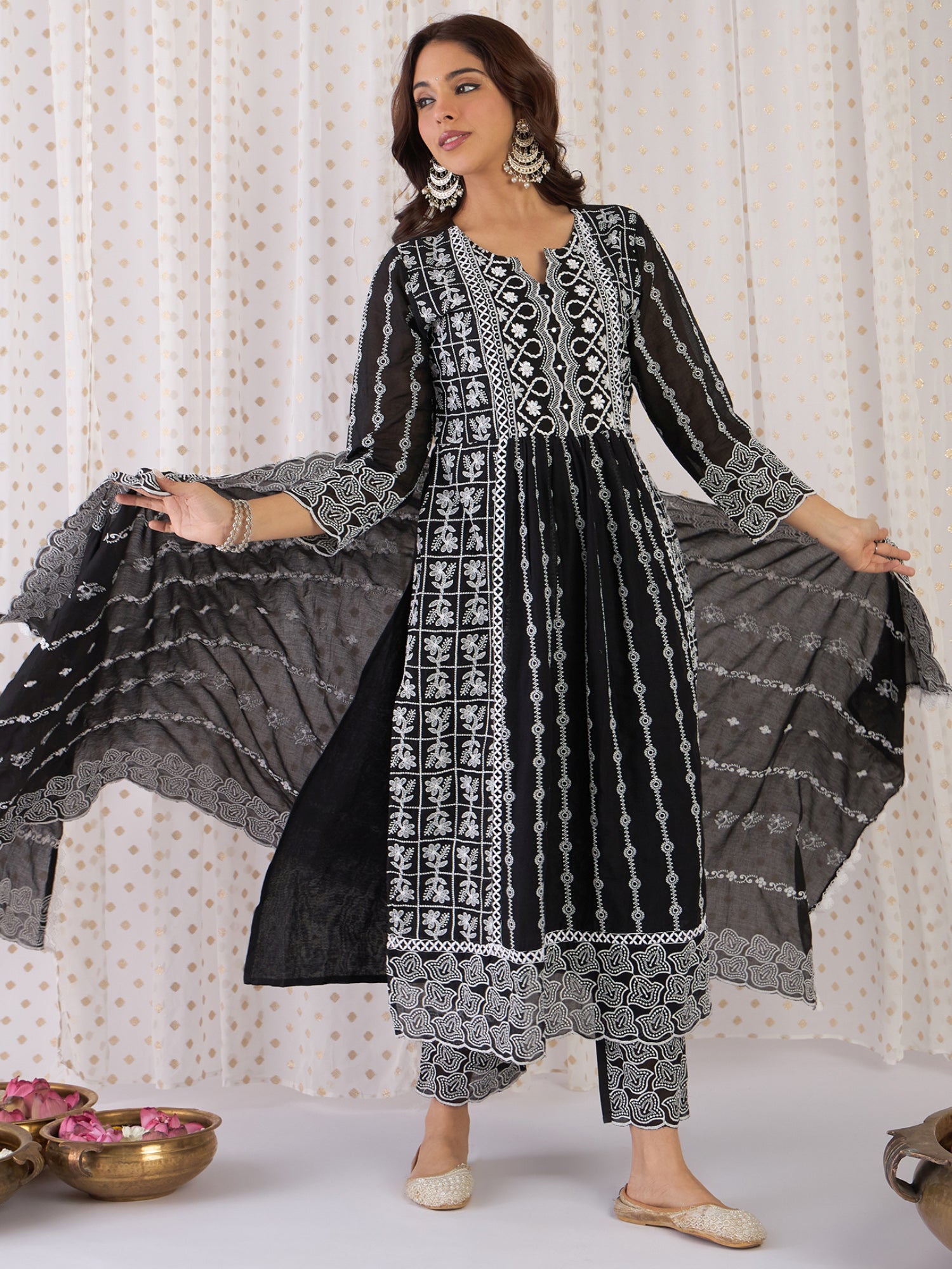 Indo Era Black Embroidered Anarkali Kurta Trousers With Dupatta Set- IE