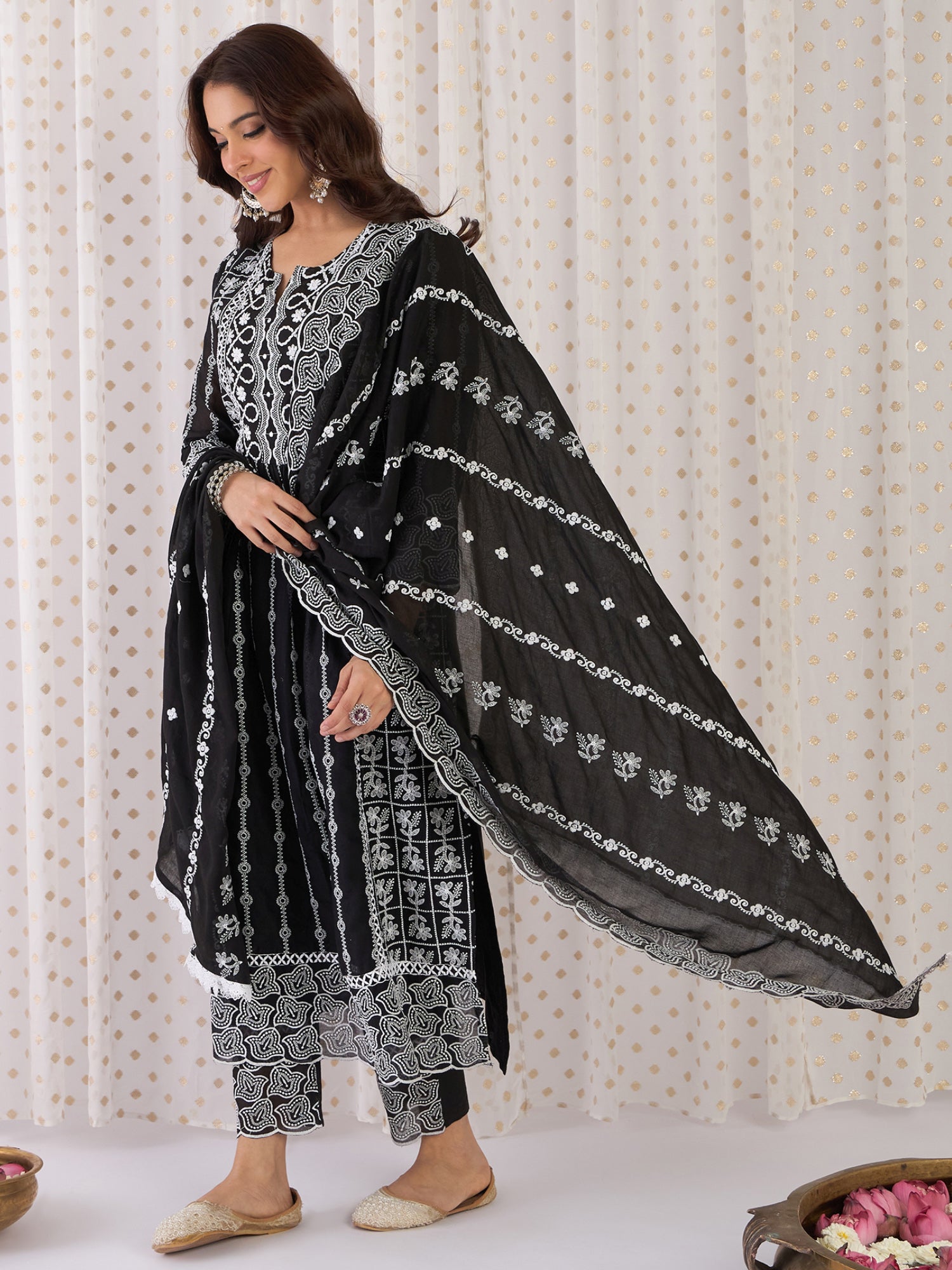 Indo Era Black Embroidered Anarkali Kurta Trousers With Dupatta Set- IE
