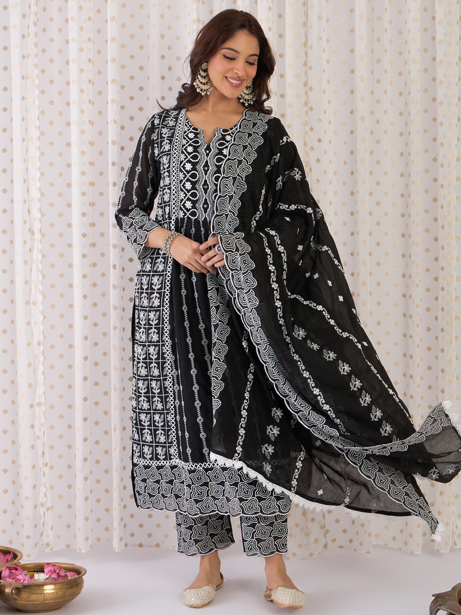 Indo Era Black Embroidered Anarkali Kurta Trousers With Dupatta Set- IE