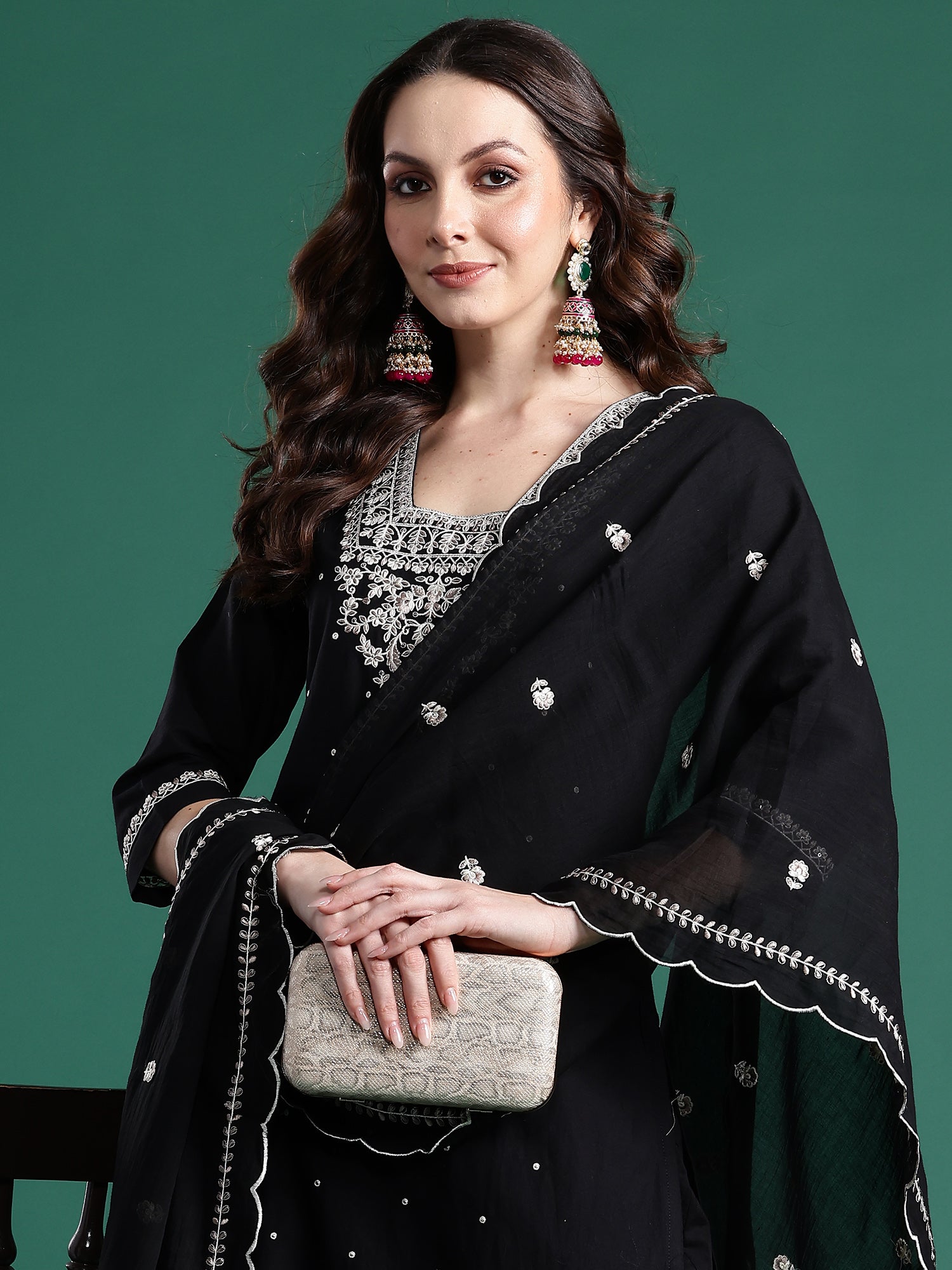 Indo Era Black Embroidered Straight Kurta Trousers With Dupatta Set- IE