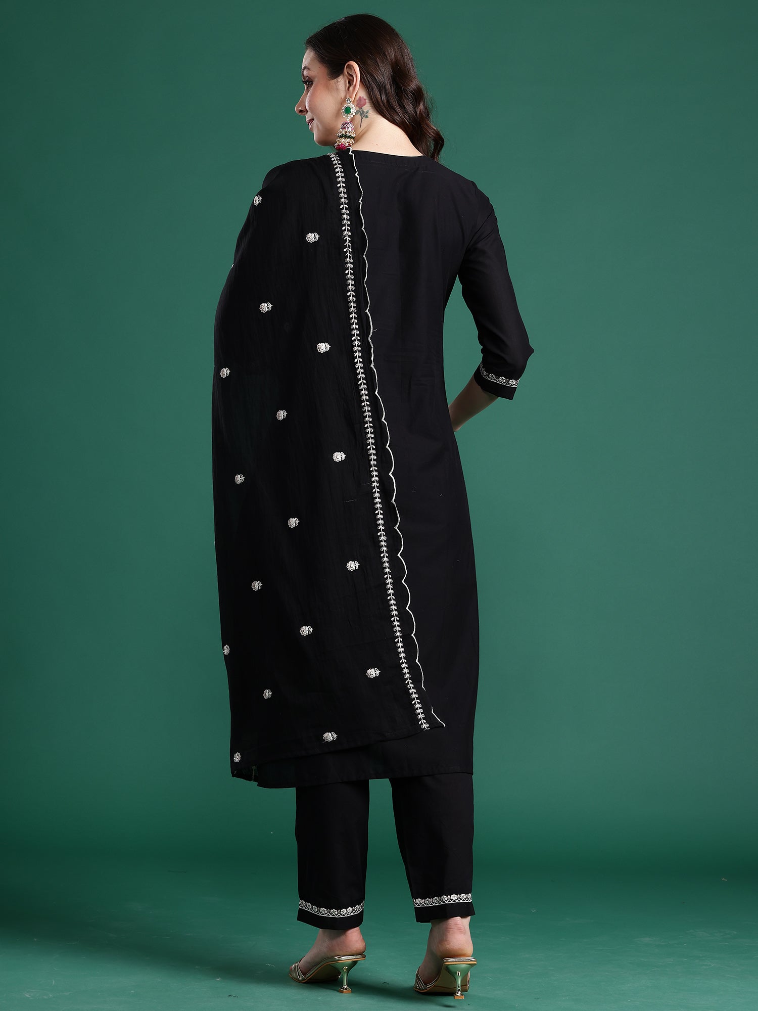 Indo Era Black Embroidered Straight Kurta Trousers With Dupatta Set- IE
