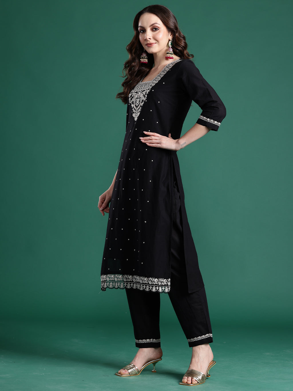 Indo Era Black Embroidered Straight Kurta Trousers With Dupatta Set- IE