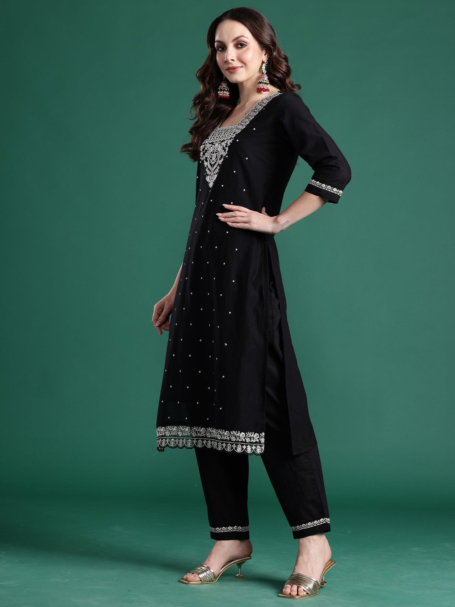 Indo Era Black Embroidered Straight Kurta Trousers With Dupatta Set- IE