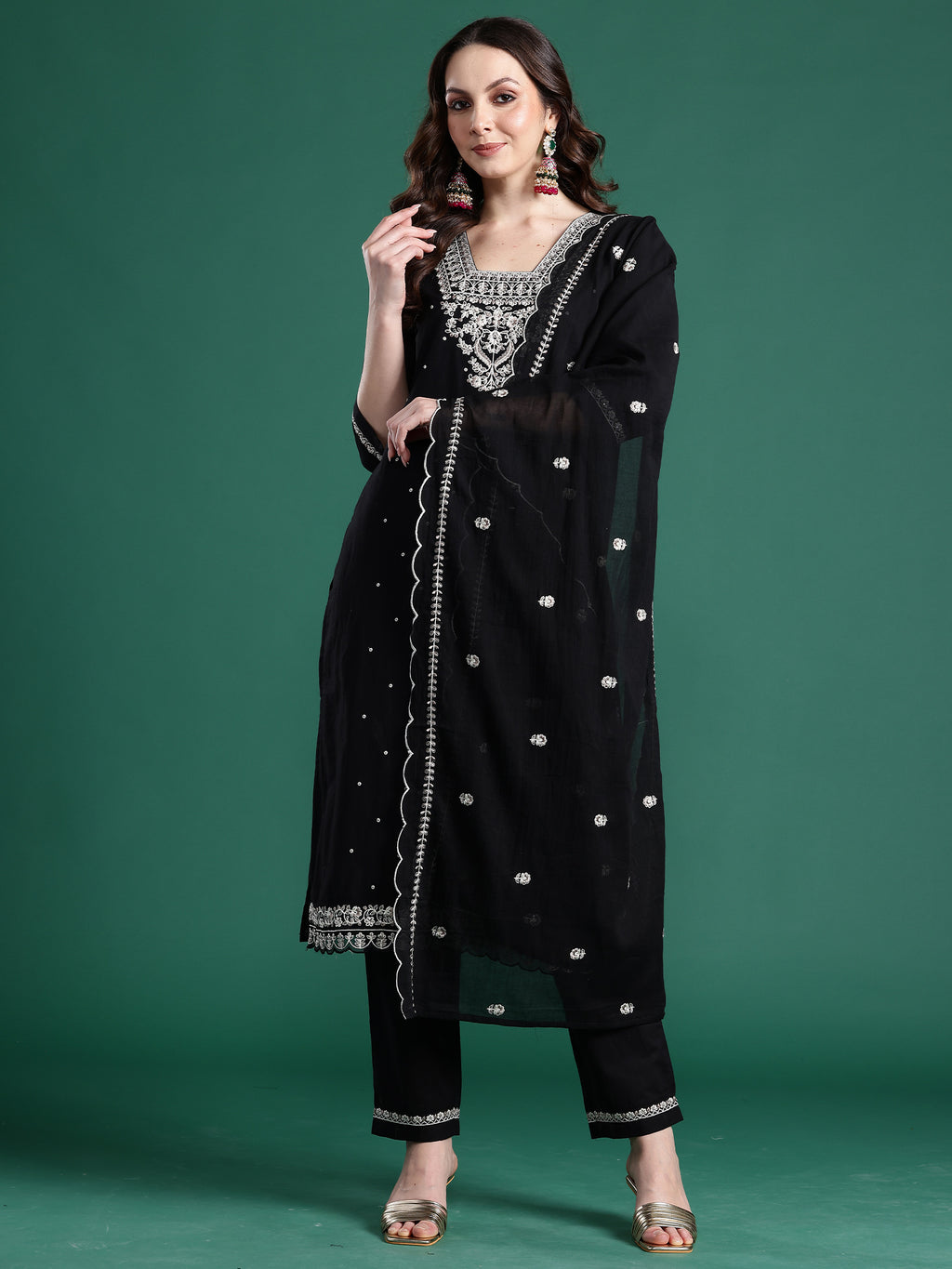 Indo Era Black Embroidered Straight Kurta Trousers With Dupatta Set- IE