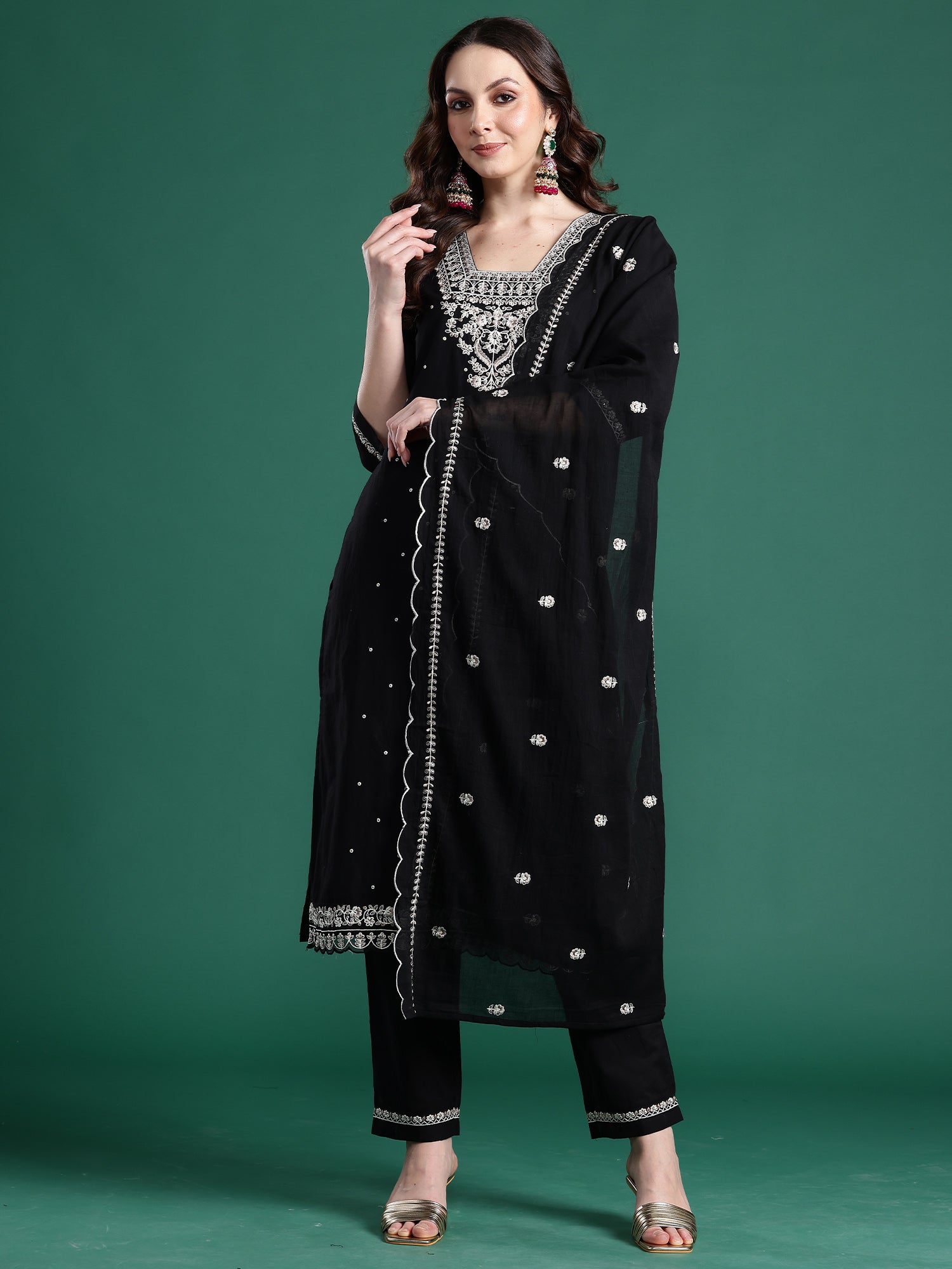 Indo Era Black Embroidered Straight Kurta Trousers With Dupatta Set- IE