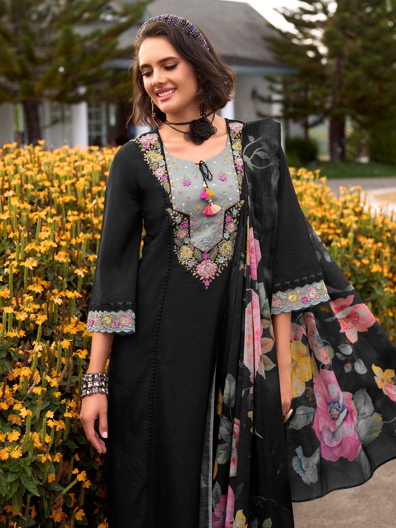 Indo Era Black Embroidered Anarkali Kurta Trousers With Dupatta Set- IE