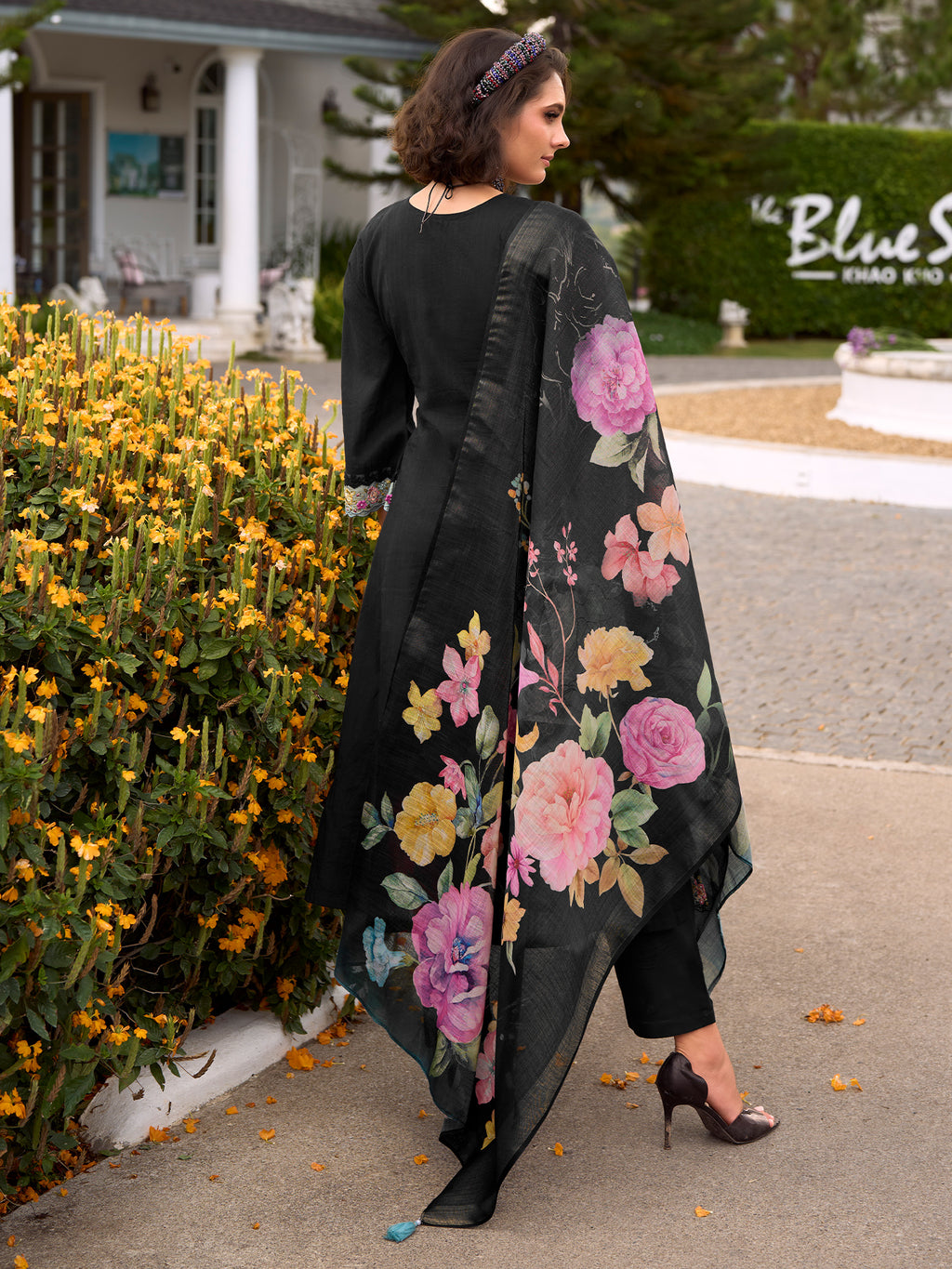 Indo Era Black Embroidered Anarkali Kurta Trousers With Dupatta Set- IE