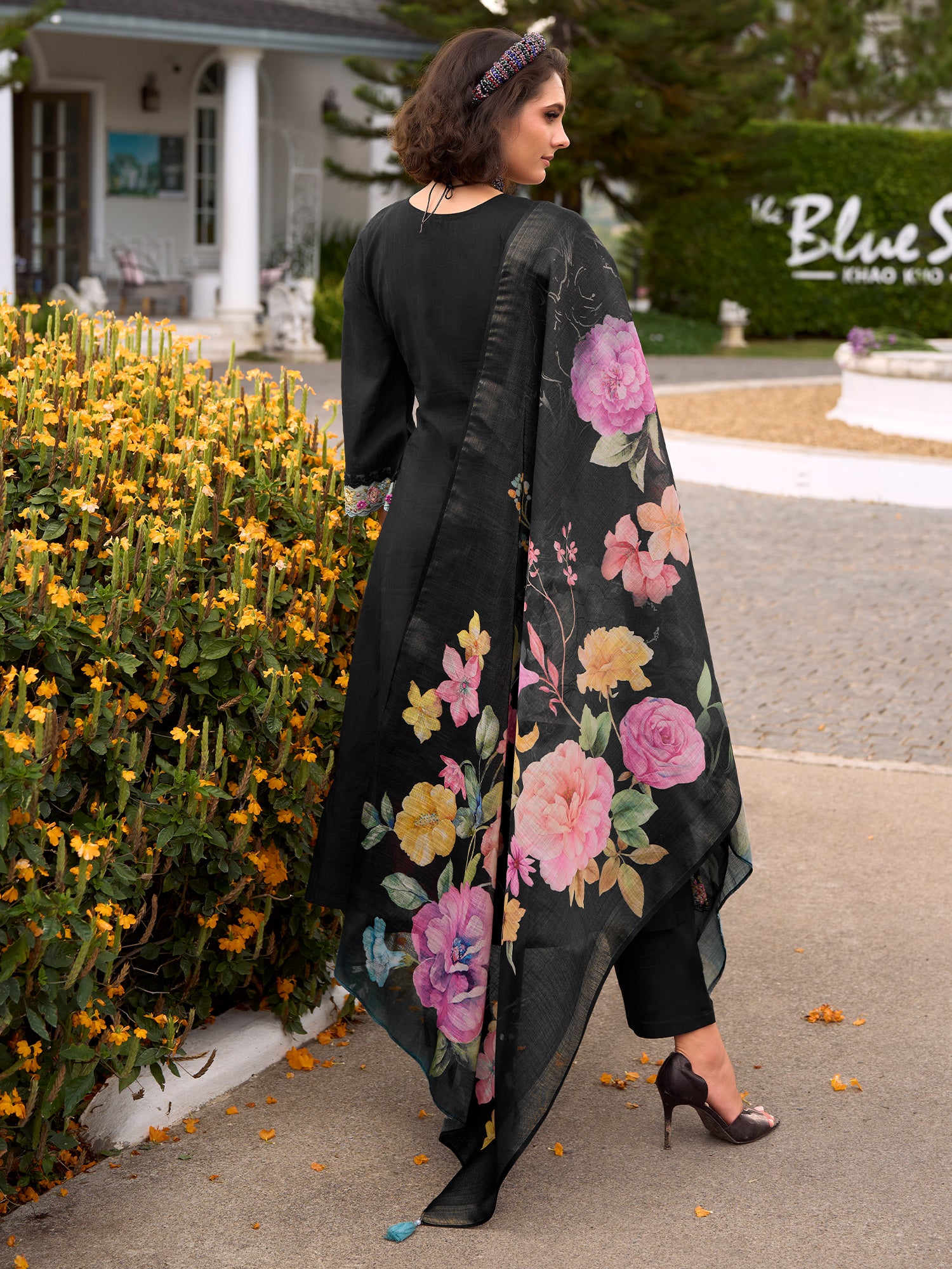 Indo Era Black Embroidered Anarkali Kurta Trousers With Dupatta Set- IE