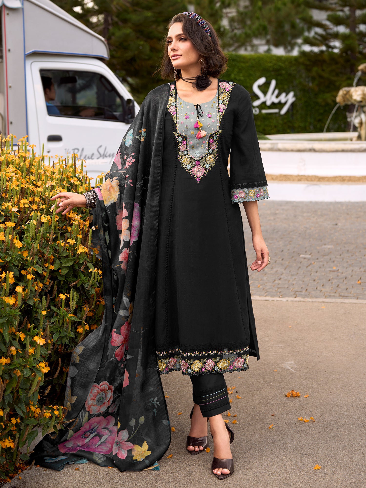 Indo Era Black Embroidered Anarkali Kurta Trousers With Dupatta Set- IE