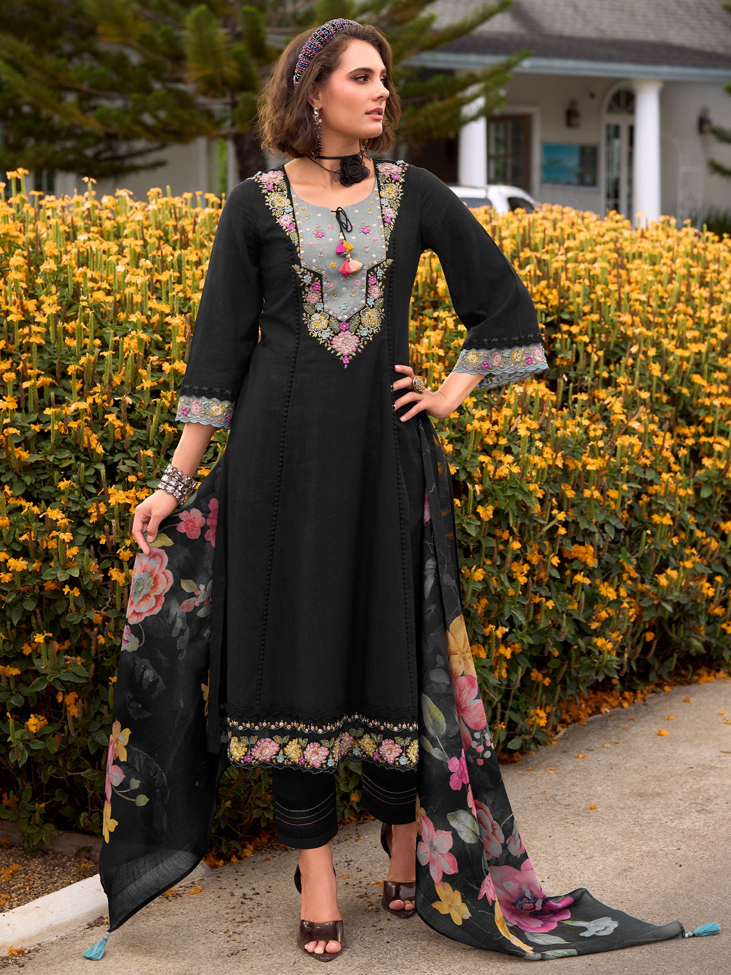Indo Era Black Embroidered Anarkali Kurta Trousers With Dupatta Set- IE