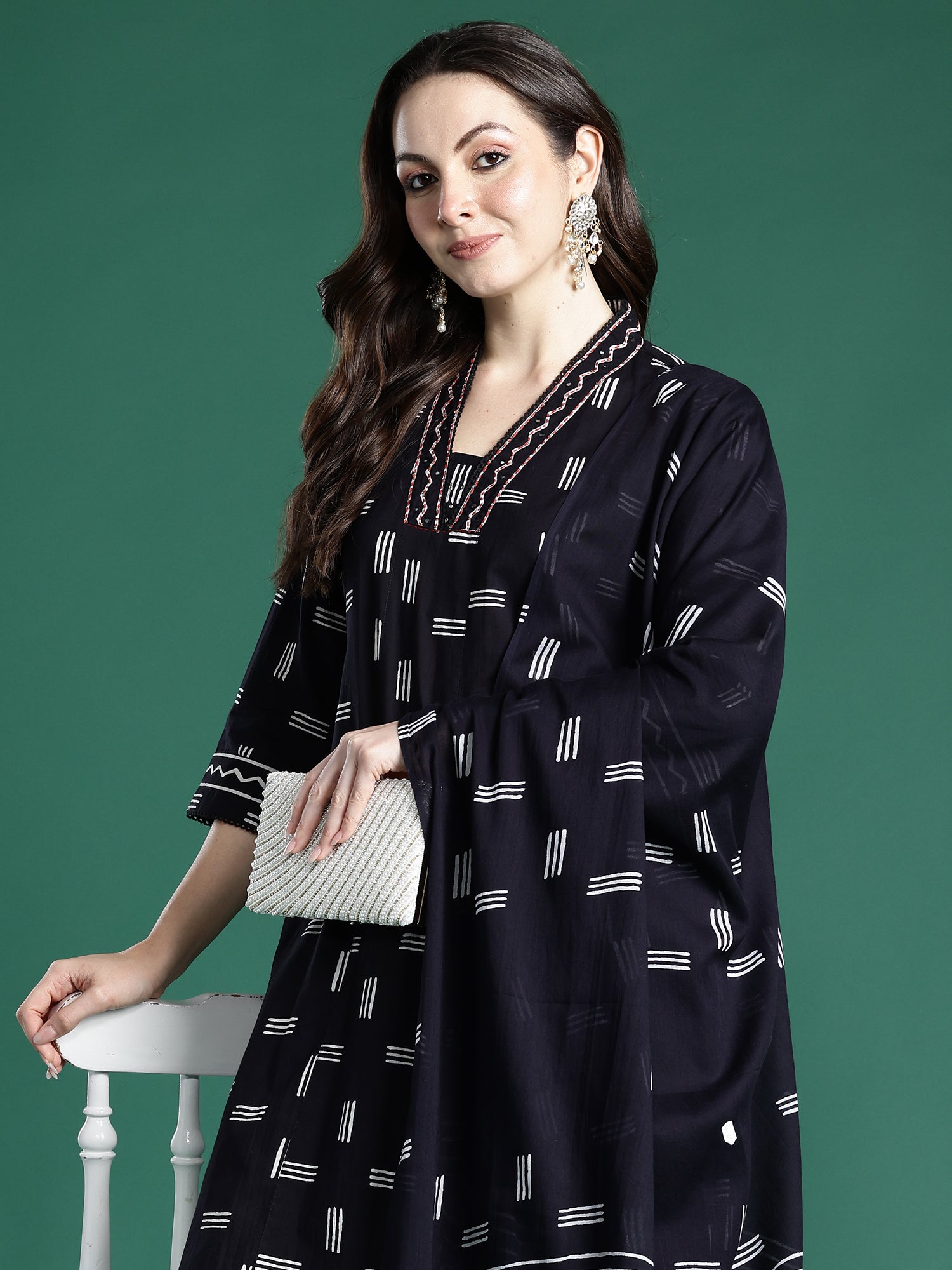 Indo Era Black Printed A-Line Kurta Trousers With Dupatta set- IE