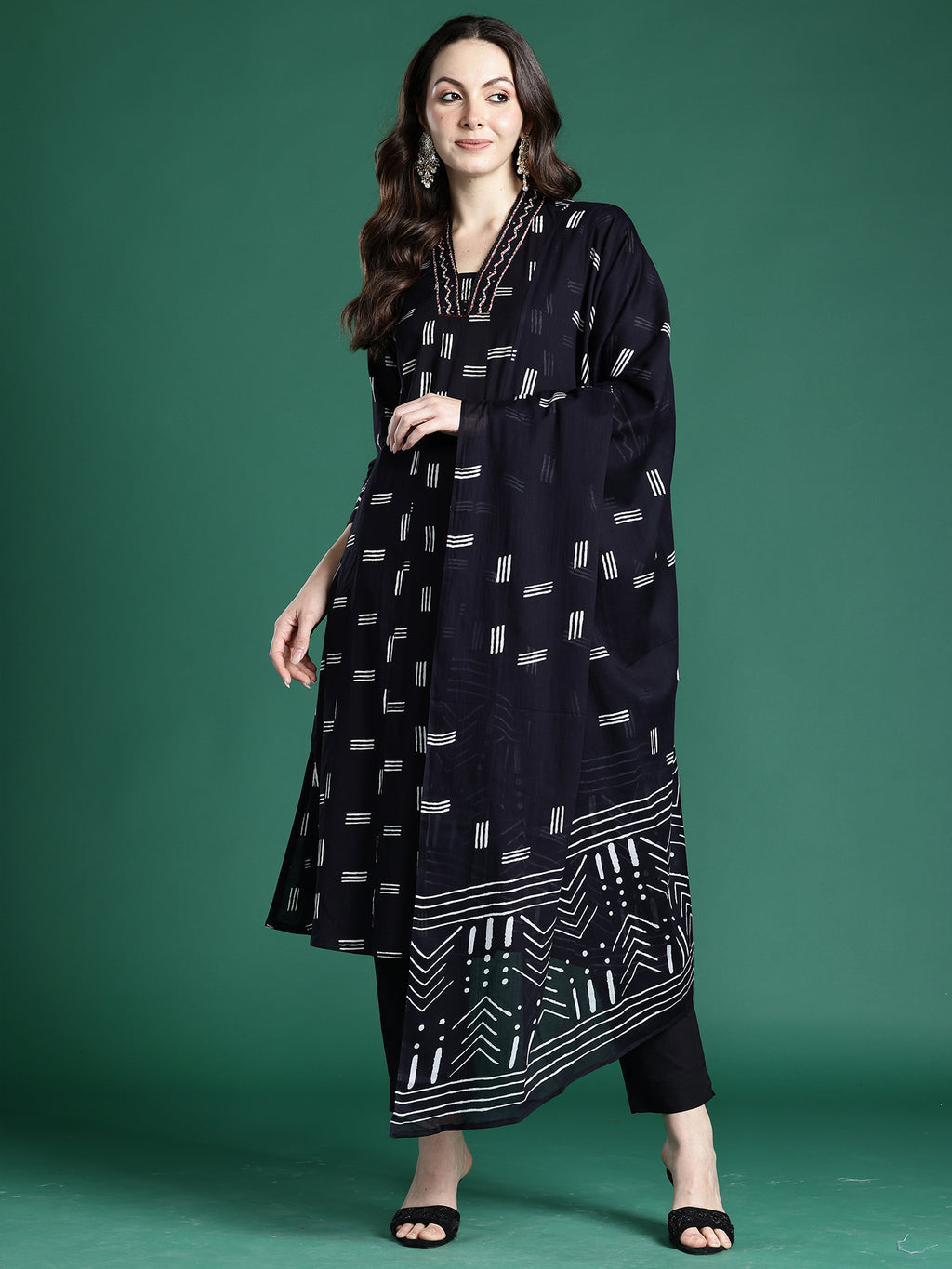Indo Era Black Printed A-Line Kurta Trousers With Dupatta set- IE