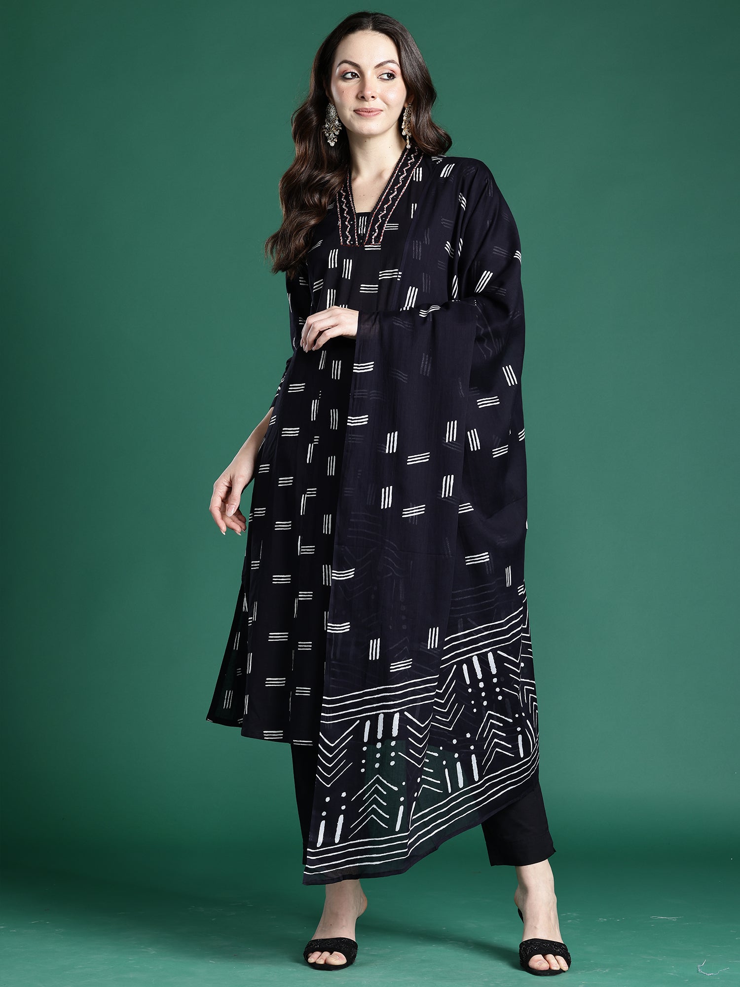 Indo Era Black Printed A-Line Kurta Trousers With Dupatta set- IE