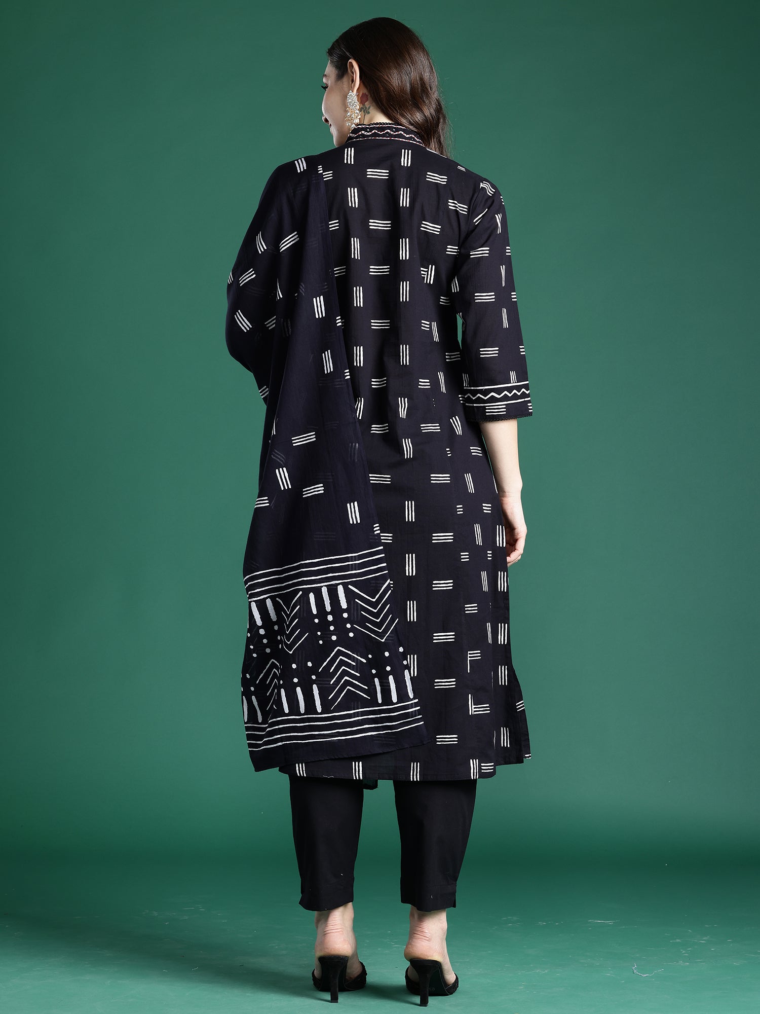 Indo Era Black Printed A-Line Kurta Trousers With Dupatta set- IE
