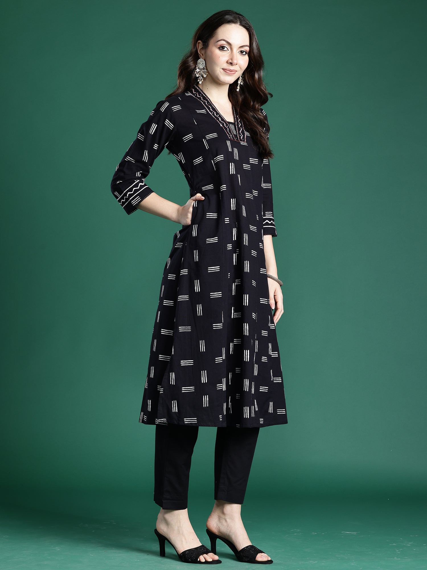 Indo Era Black Printed A-Line Kurta Trousers With Dupatta set- IE