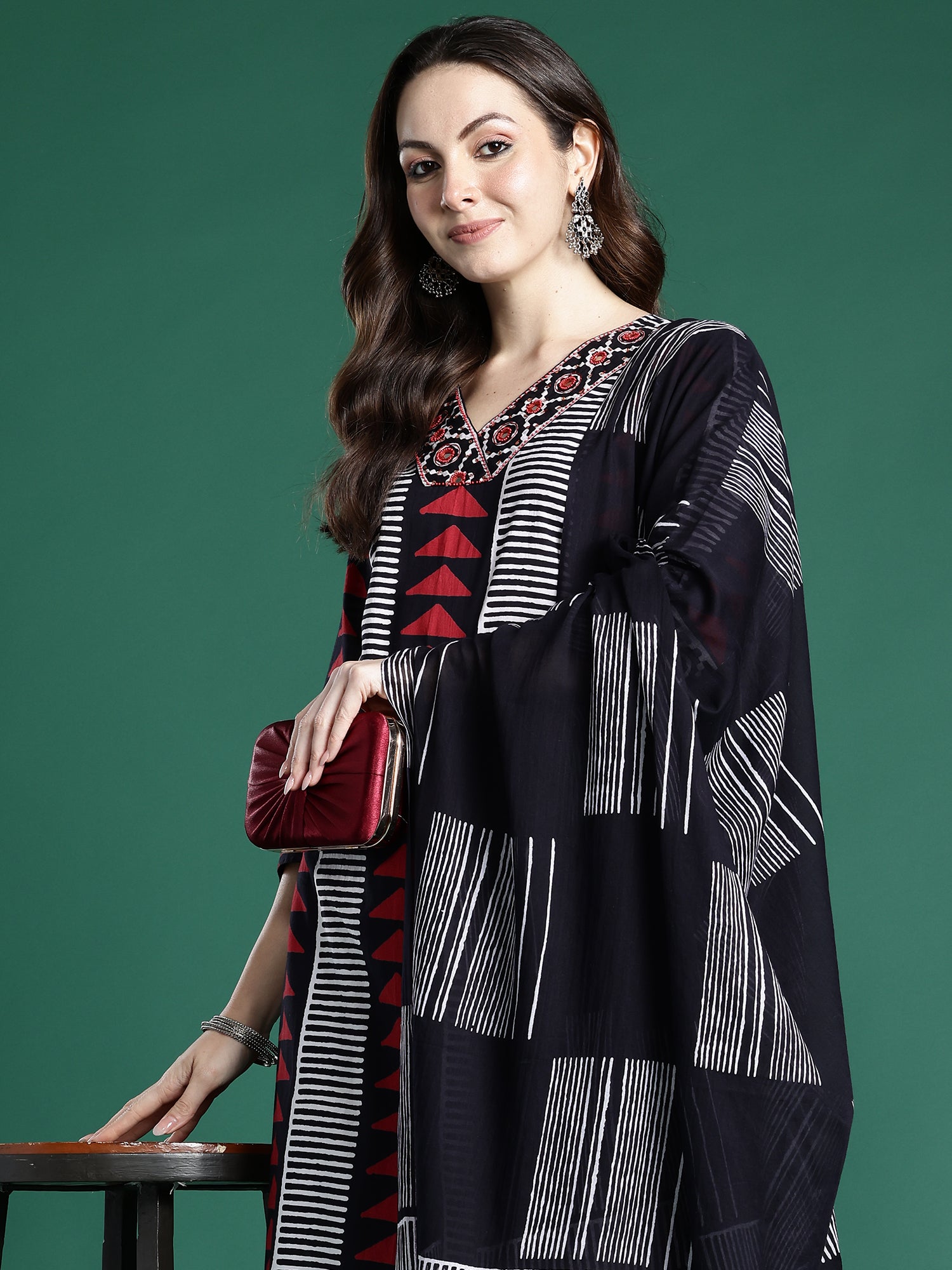 Indo Era Black Printed Straight Kurta Trousers With Dupatta set- IE