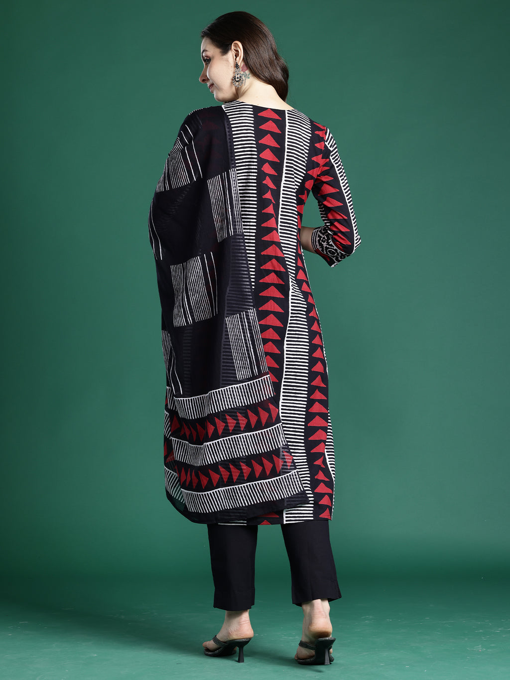 Indo Era Black Printed Straight Kurta Trousers With Dupatta set- IE