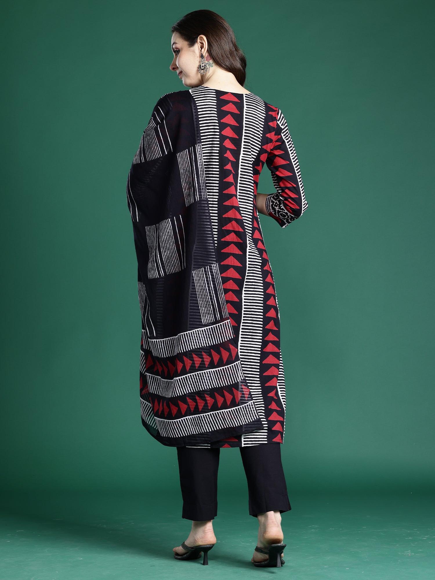 Indo Era Black Printed Straight Kurta Trousers With Dupatta set- IE