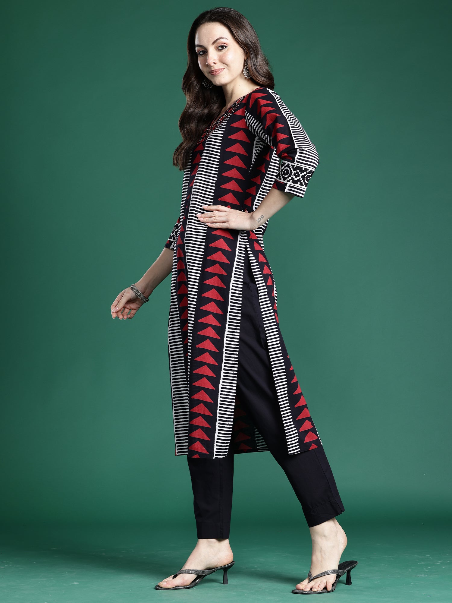Indo Era Black Printed Straight Kurta Trousers With Dupatta set- IE