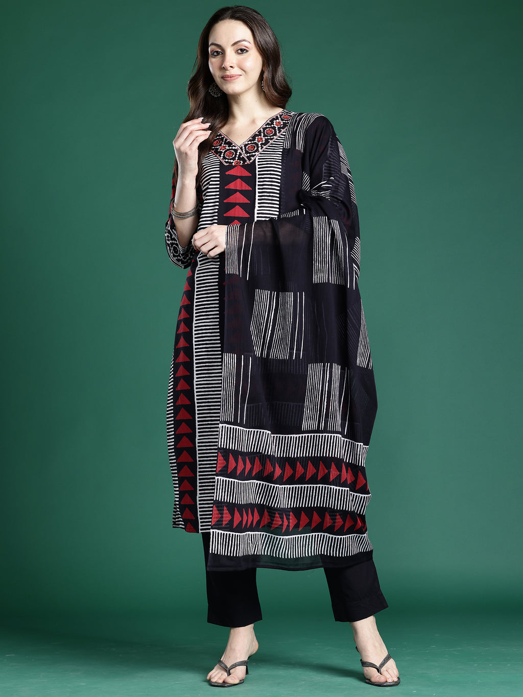 Indo Era Black Printed Straight Kurta Trousers With Dupatta set- IE