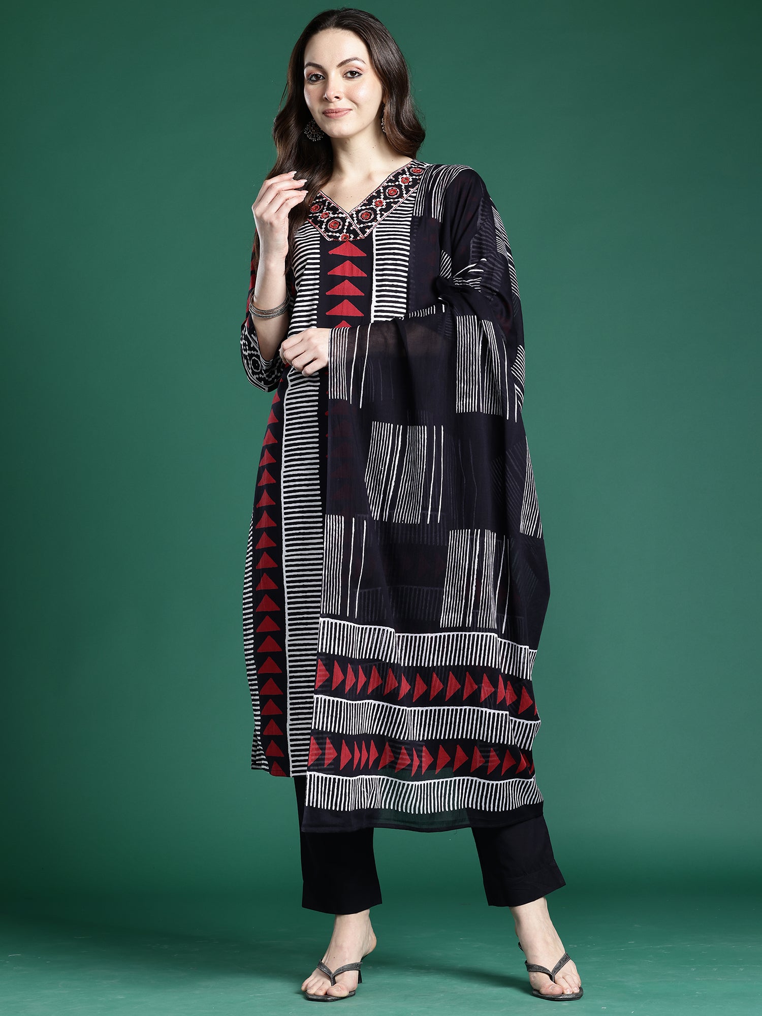 Indo Era Black Printed Straight Kurta Trousers With Dupatta set- IE