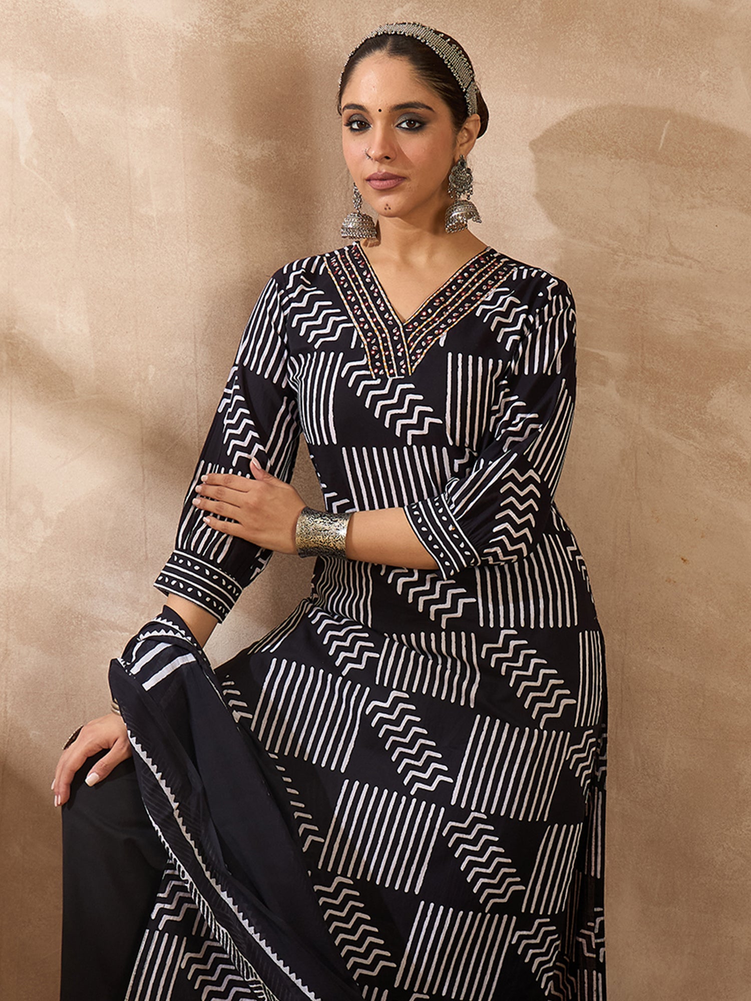 Indo Era Black Printed Straight Kurta Trousers With Dupatta Set- IE
