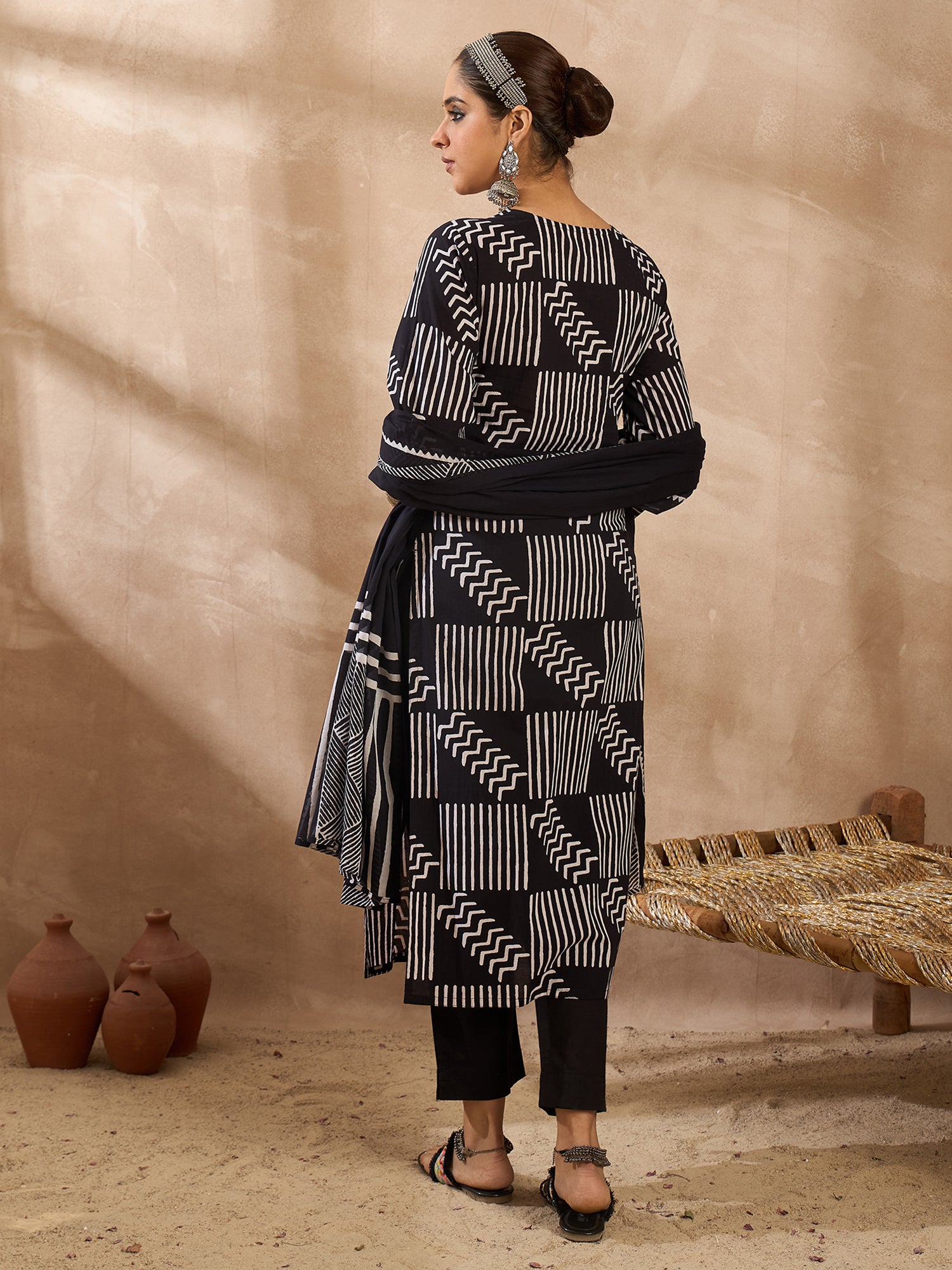 Indo Era Black Printed Straight Kurta Trousers With Dupatta Set- IE