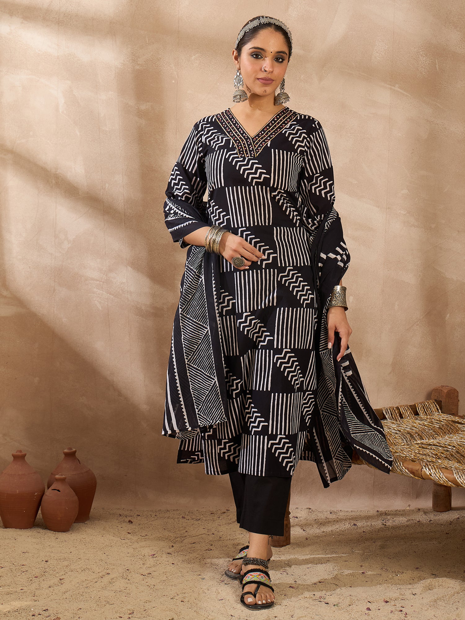 Indo Era Black Printed Straight Kurta Trousers With Dupatta Set- IE