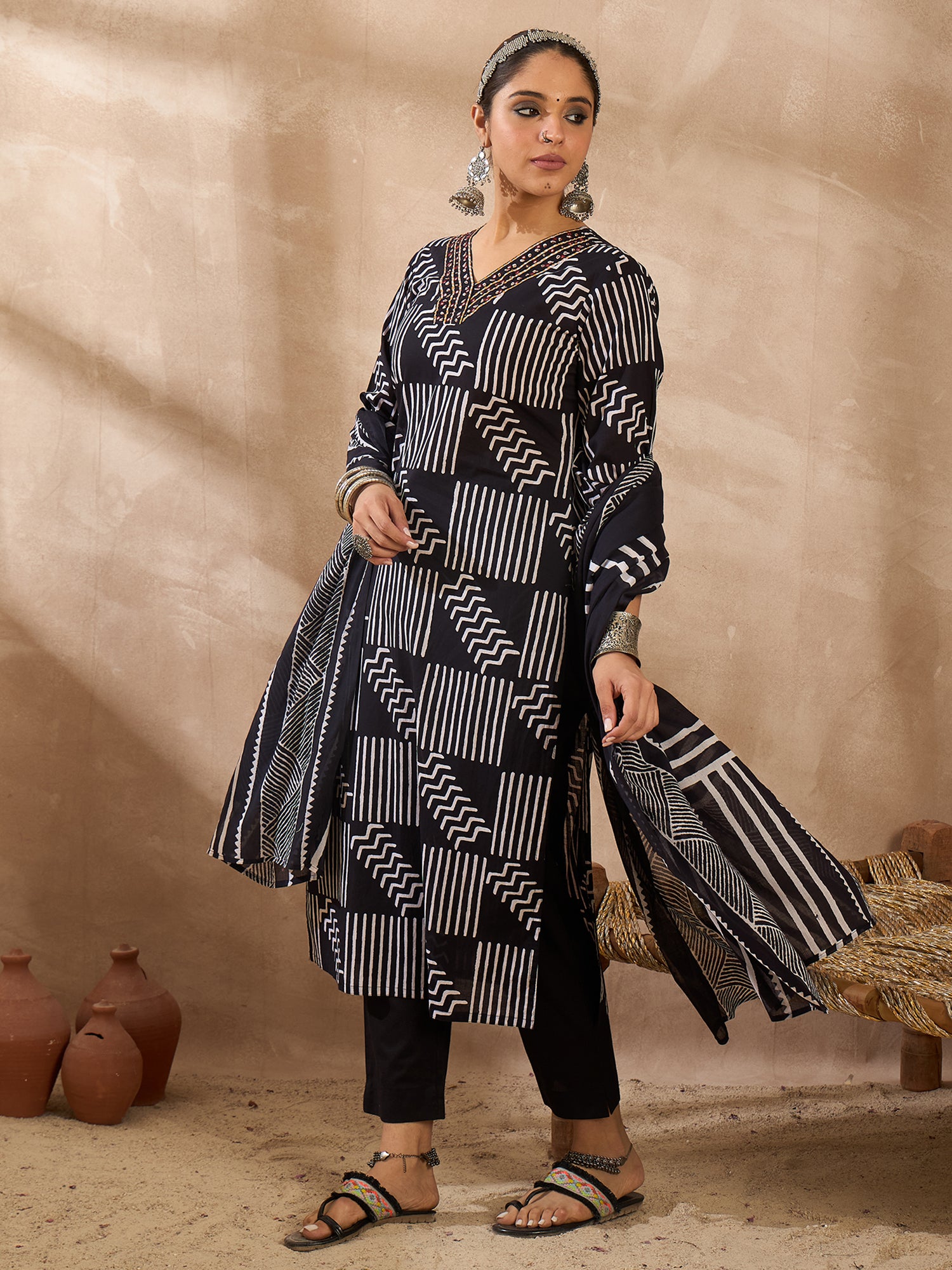 Indo Era Black Printed Straight Kurta Trousers With Dupatta Set- IE