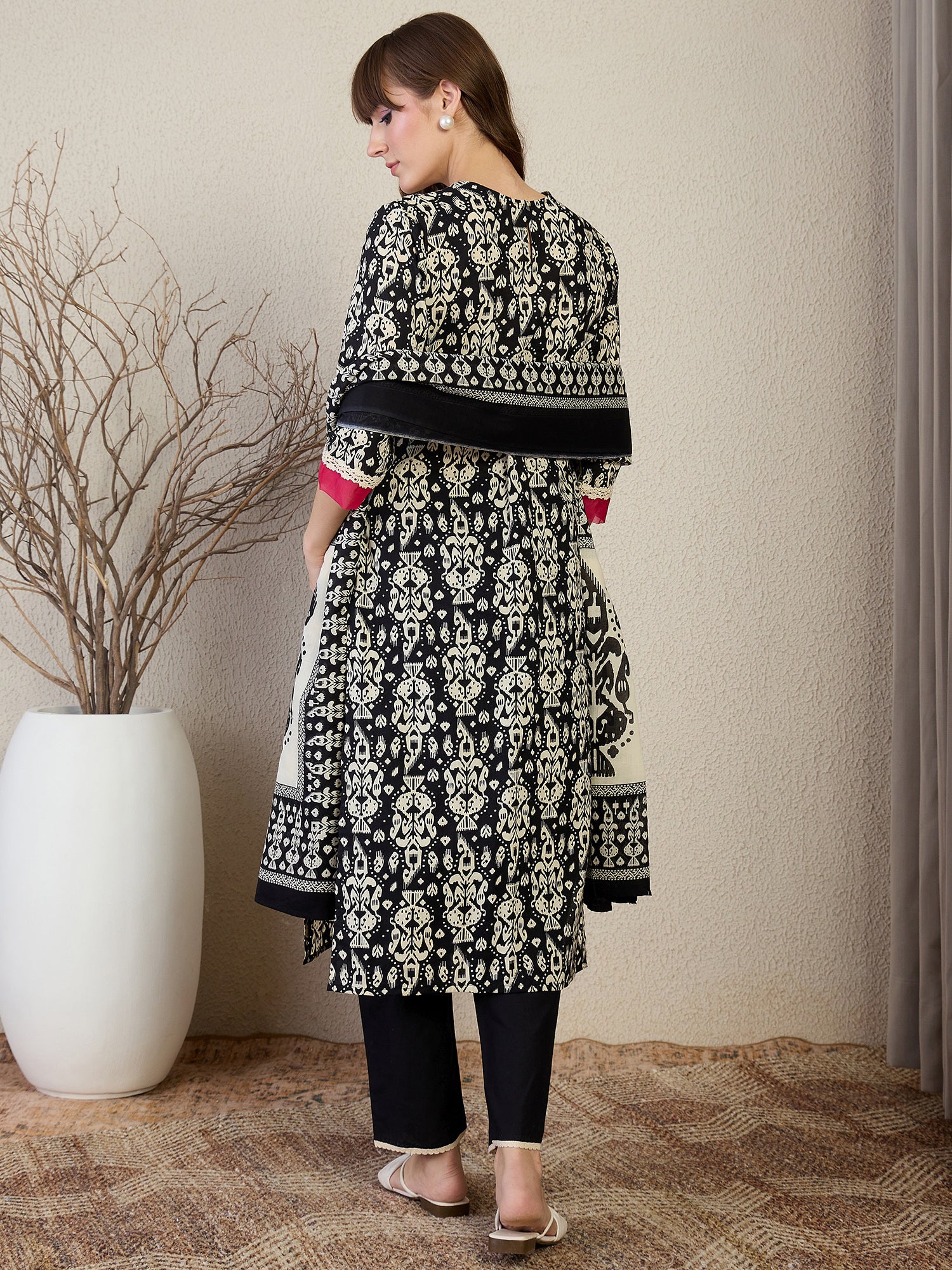 Indo Era Black Printed Straight Kurta Trousers With Dupatta set- IE