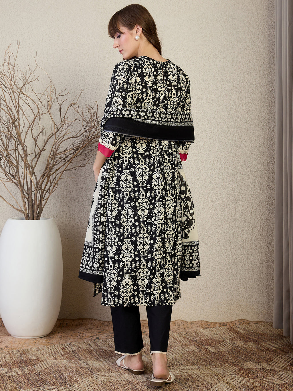Indo Era Black Printed Straight Kurta Trousers With Dupatta set- IE