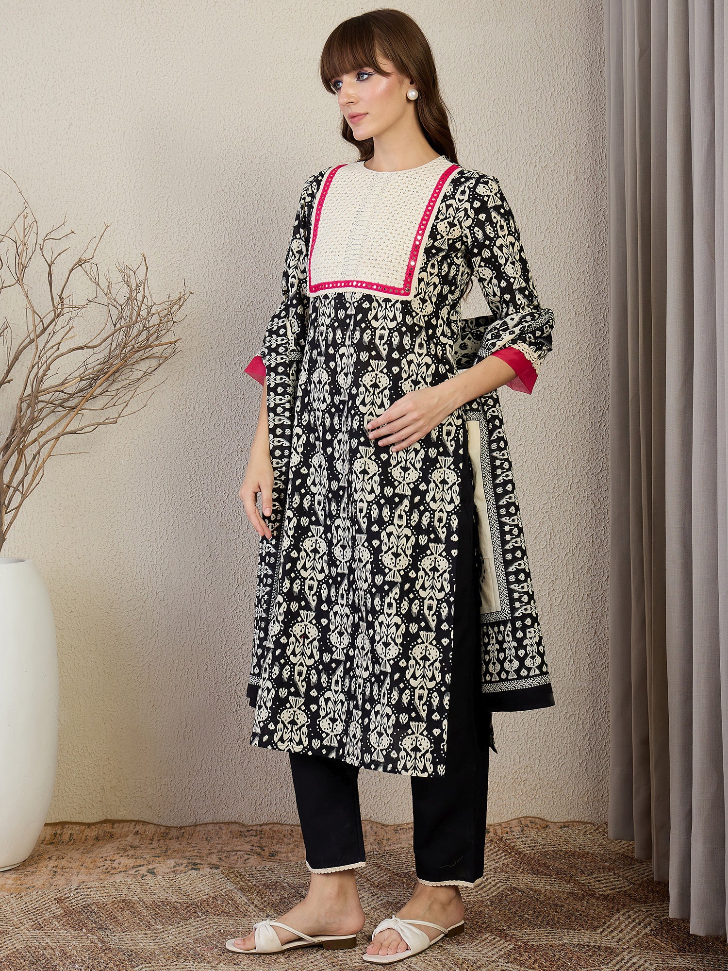 Indo Era Black Printed Straight Kurta Trousers With Dupatta set- IE
